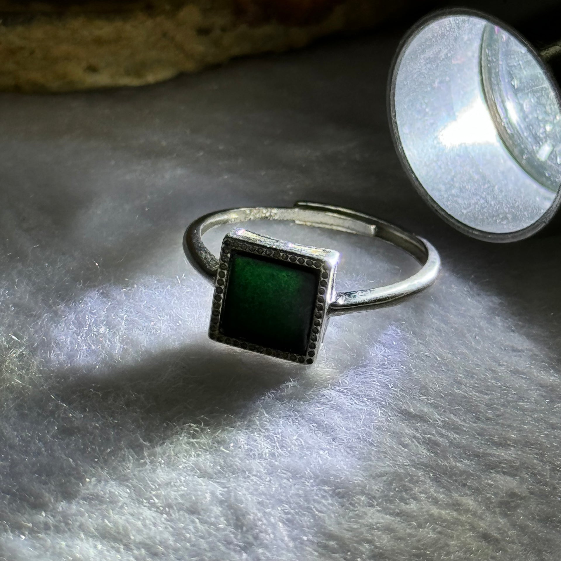 Type A Translucent Black Omphasite Jadeite Square Shaped in S925 Sliver Ring (Adjustable Size) 1.50g 7.5 by 7.5 by 1.5mm - Huangs Jadeite and Jewelry Pte Ltd