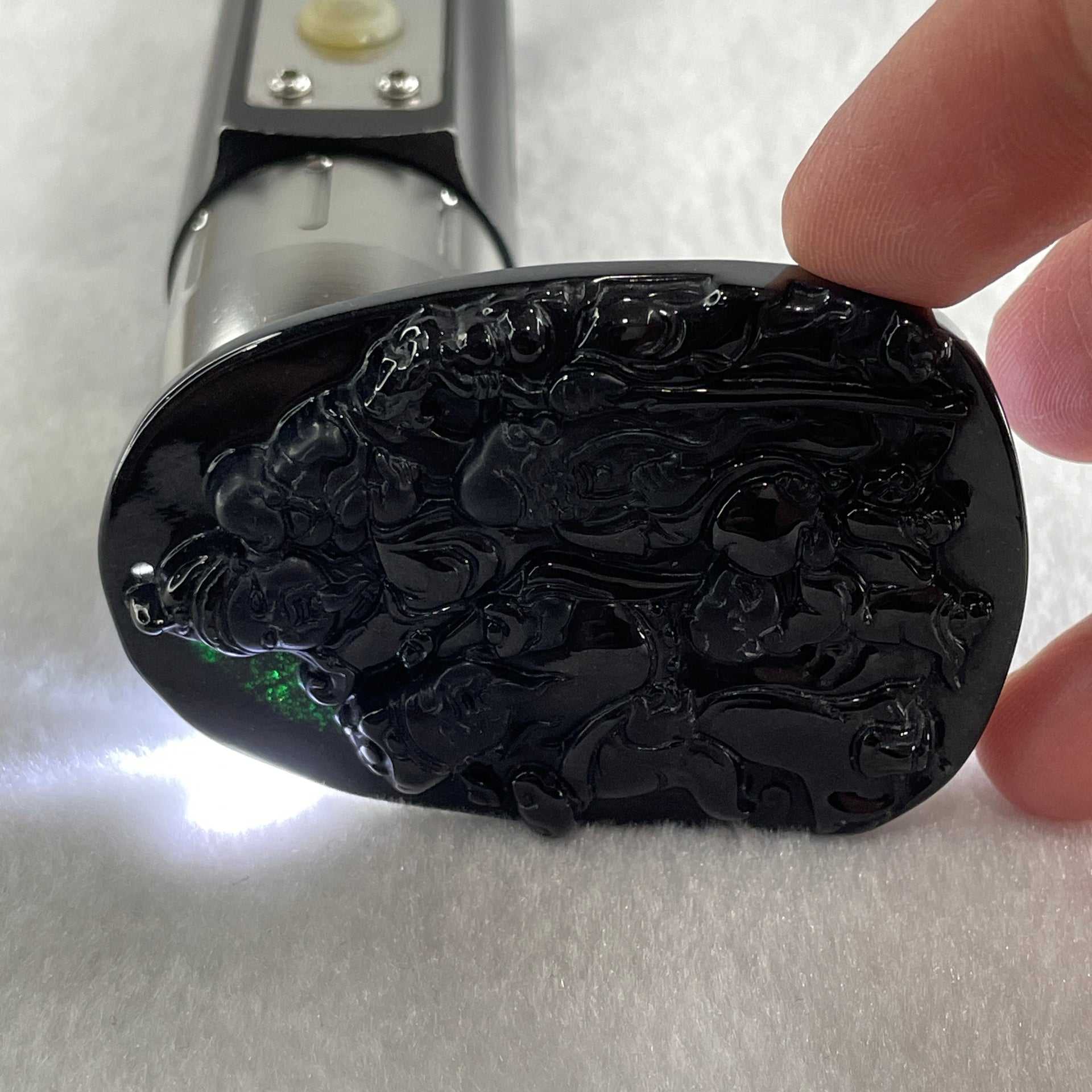 Type A Opaque to Partial Translucent Black Omphacite Jadeite Fu Lu Shou Pendant 29.69g 59.6 by 40.3 by 7.6mm - Huangs Jadeite and Jewelry Pte Ltd