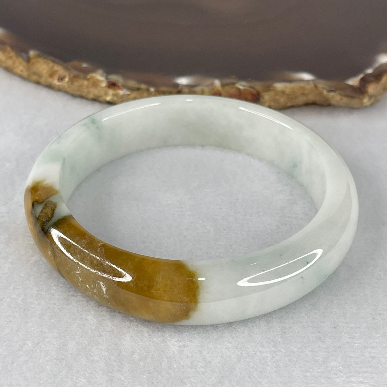Certified Natural Type A Faint Green & Brownish Patches Jadeite Bangle | Unique External Rough Earth-Skin Artisan Polish | Authentic Myanmar Feicui "Fuk" Fortune Statement Armor Bangle (55.60g | 56.8mm Inner Diameter | 13.3x7.9mm)