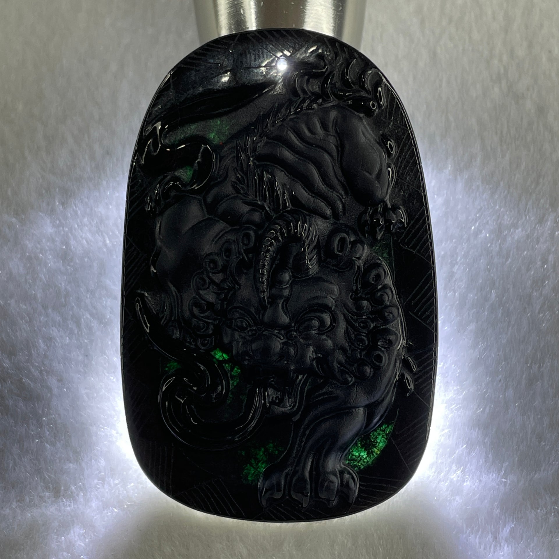 Type A Opaque to Partial Translucent Black Omphacite Jadeite Pixiu Pendant 23.77g 63.4 by 40.9 by 8.3mm - Huangs Jadeite and Jewelry Pte Ltd
