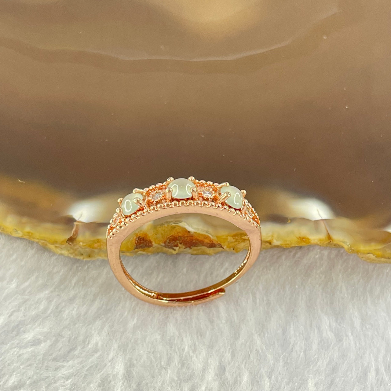 Type A Light Green Jadeite 3.6 by 1.5mm with Crystals in S925 Sliver Rose Gold Color Ring 1.80g - Huangs Jadeite and Jewelry Pte Ltd