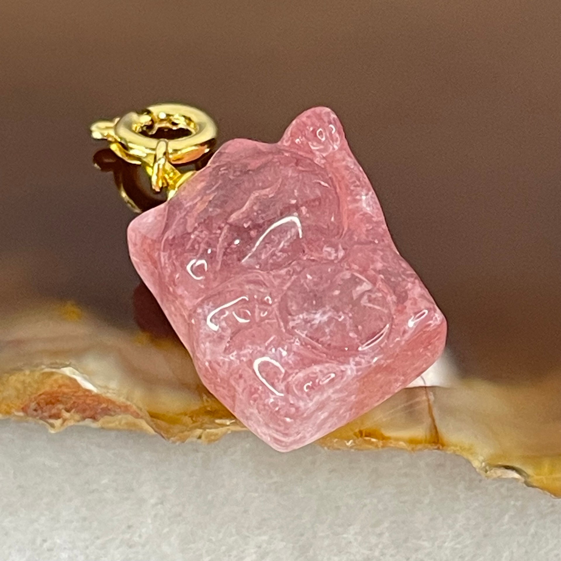 Natural Strawberry Quartz Fortune Cat Charm 4.18g 17.4 by 13.1 by 10.2mm - Huangs Jadeite and Jewelry Pte Ltd
