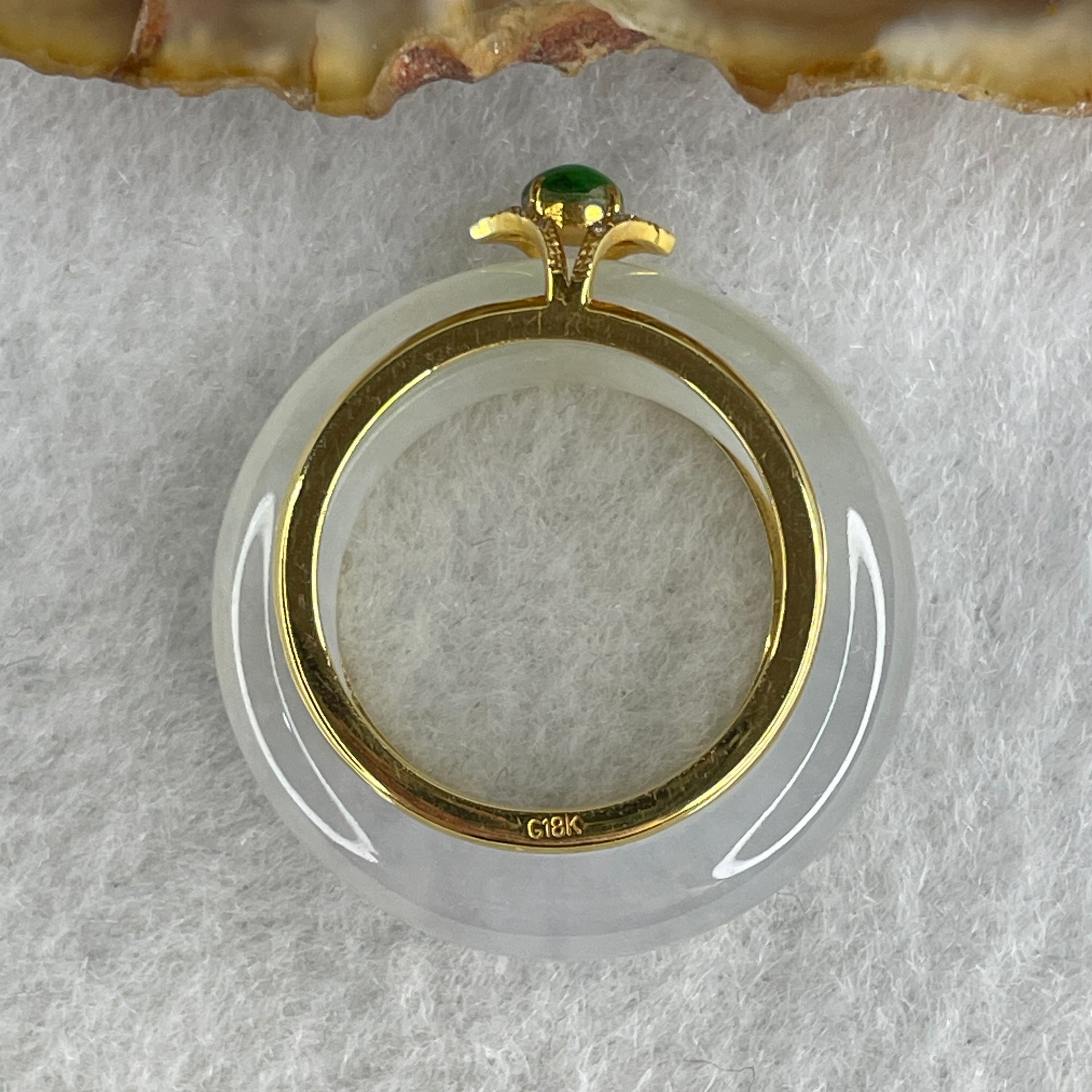 Natural Type A Icy Colorless to White Jadeite Ring with 18k Yellow Gold and Green Jadeite Bead 6.52g 6.8 by 4.5mm US 5.2 HK 11.1 - Huangs Jadeite and Jewelry Pte Ltd