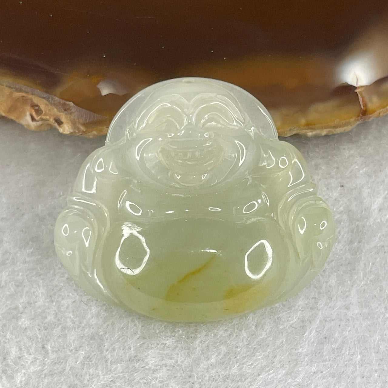 Natural Type A Semi-Icy Light Blueish Green Jadeite Milo Buddha | Laughing Buddha with Golden Yellow Patch (6.52g, 25.5mm)