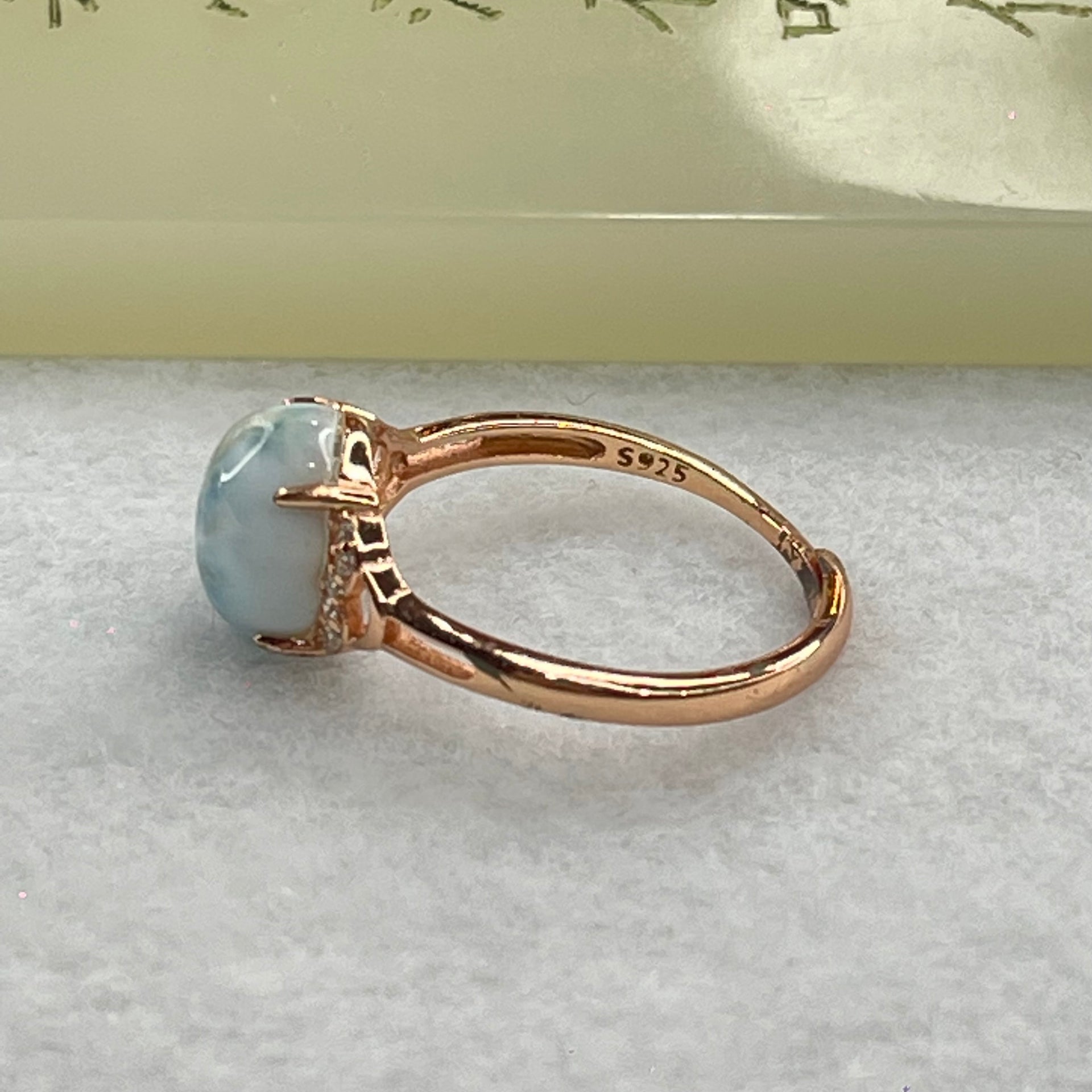 Natural Larimar in S925 Silver Rose Gold Color Ring (Adjustable Size) 1.95g 10.0 by 7.8mm - Huangs Jadeite and Jewelry Pte Ltd