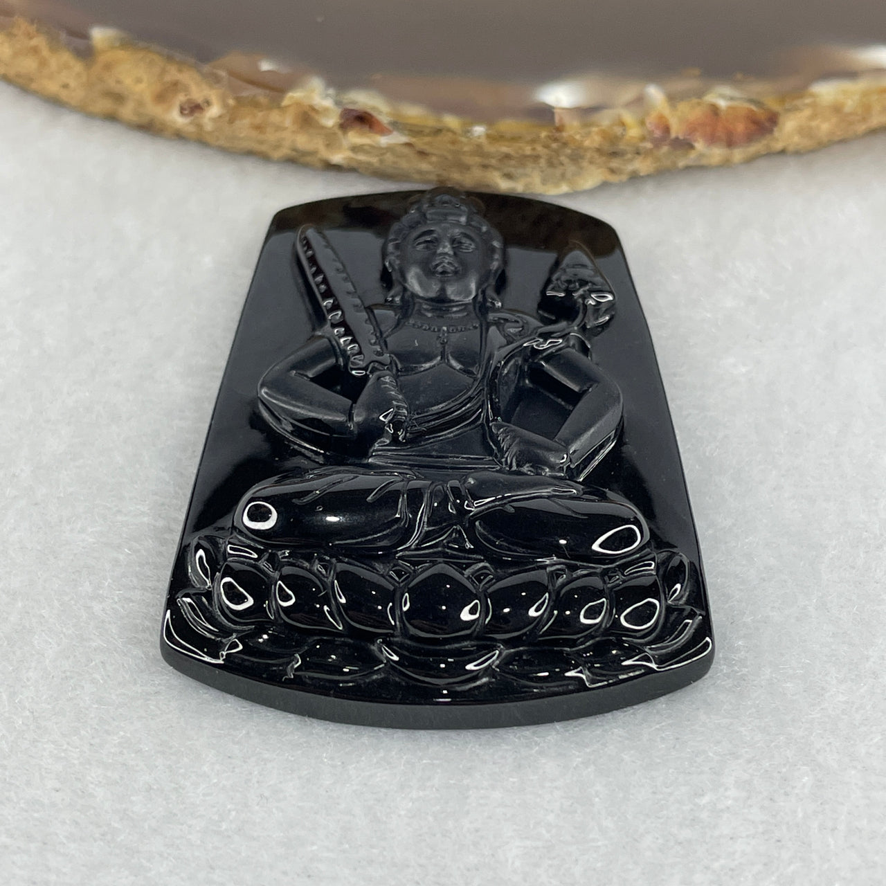 Certified Type A Black Omphacite Jadeite Akasagarbha Bodhisattva Pendant | 58mm Natural Black Jade Space Treasury Wisdom & Ox/Tiger Zodiac Amulet (23.54g | 58.5 x 39.6 x 9.2mm)