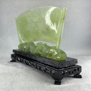 Natural Icy Light Green Serpentine Shan Shui with Gui ren Benefactor on Boat with Twin Birds with Wooden Stand Display 695.1g 242.0 by 164.0 by 83.0mm - Huangs Jadeite and Jewelry Pte Ltd