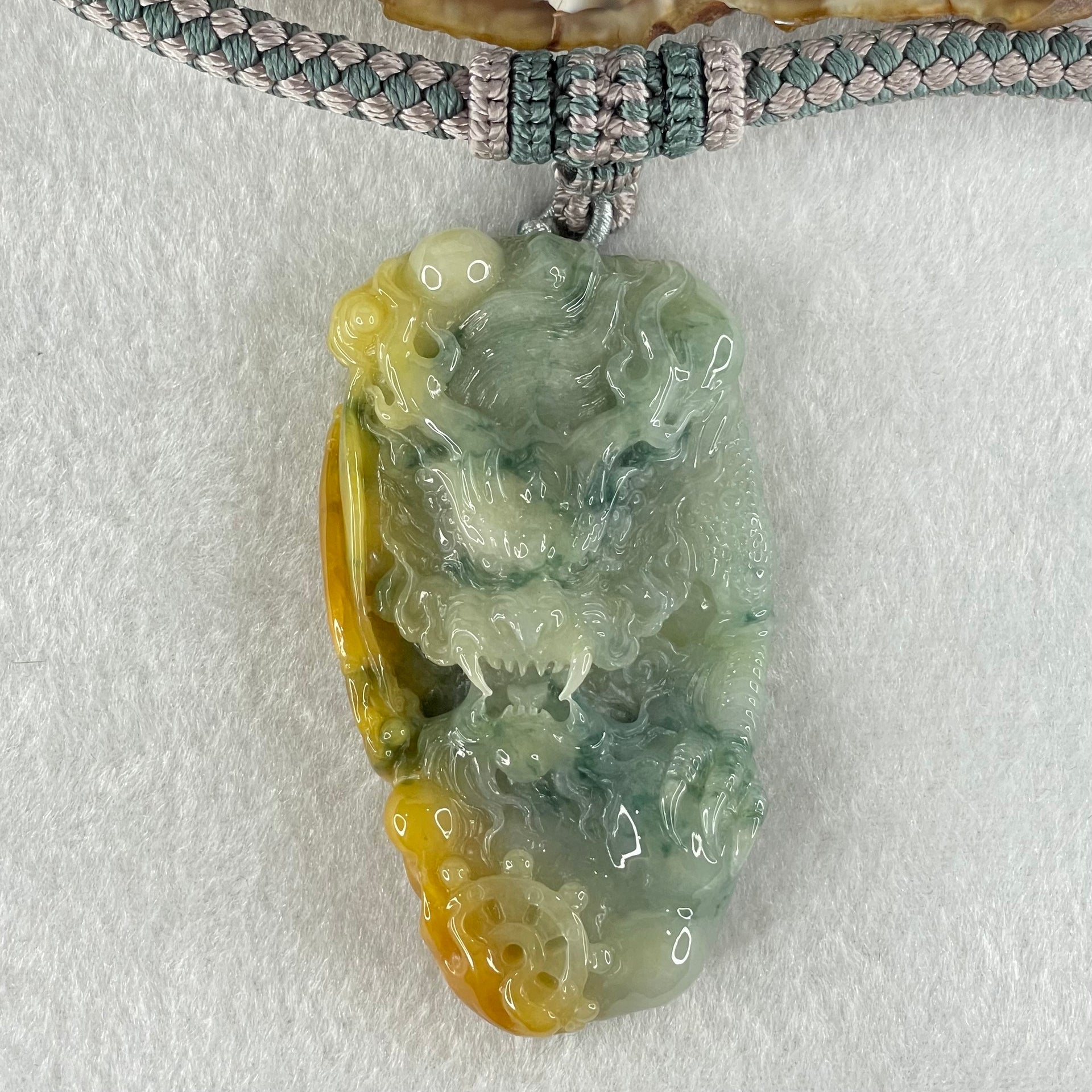 Type A Blueish Green and Yellow with Dark Blueish Green Piao Hua Jadeite Double Sided Dragon Pendant Necklace 89.28g 73.2 by 41.2 by 14.3mm - Huangs Jadeite and Jewelry Pte Ltd