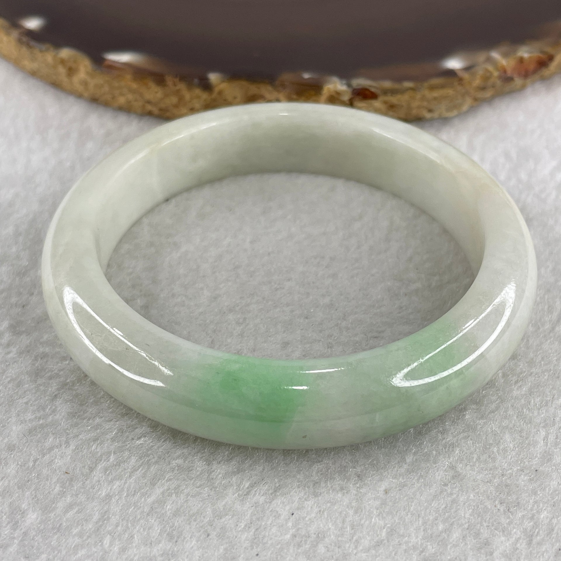 Type A Light Green with Spicy Green Patches Jade Jadeite Bangle 52.23g inner Dia 55.7mm 12.3 by 8.5mm (External Line) - Huangs Jadeite and Jewelry Pte Ltd