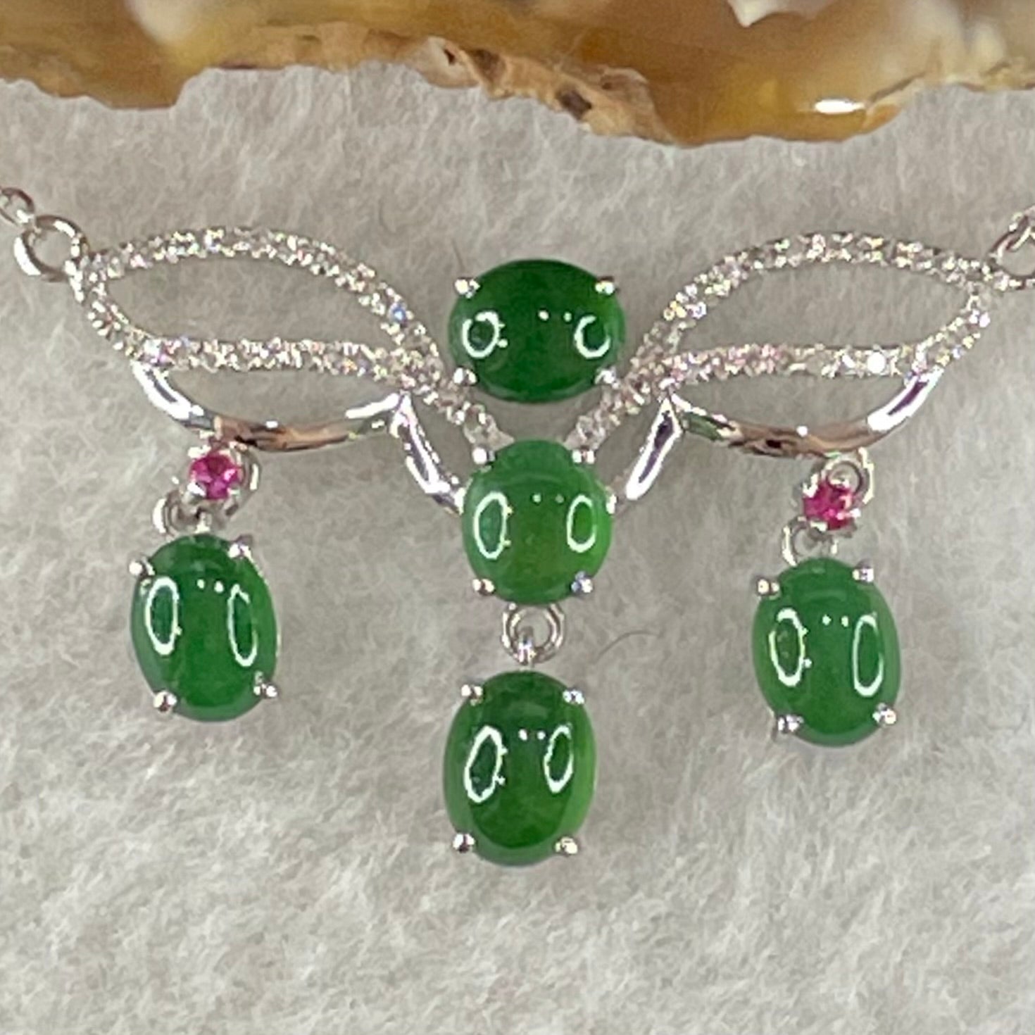 Type A Icy Green Cabouchons with Diamonds in 18K White Gold Necklace 3.48g each about 4.9 by 3.9 by 2.8mm 5 pieces - Huangs Jadeite and Jewelry Pte Ltd