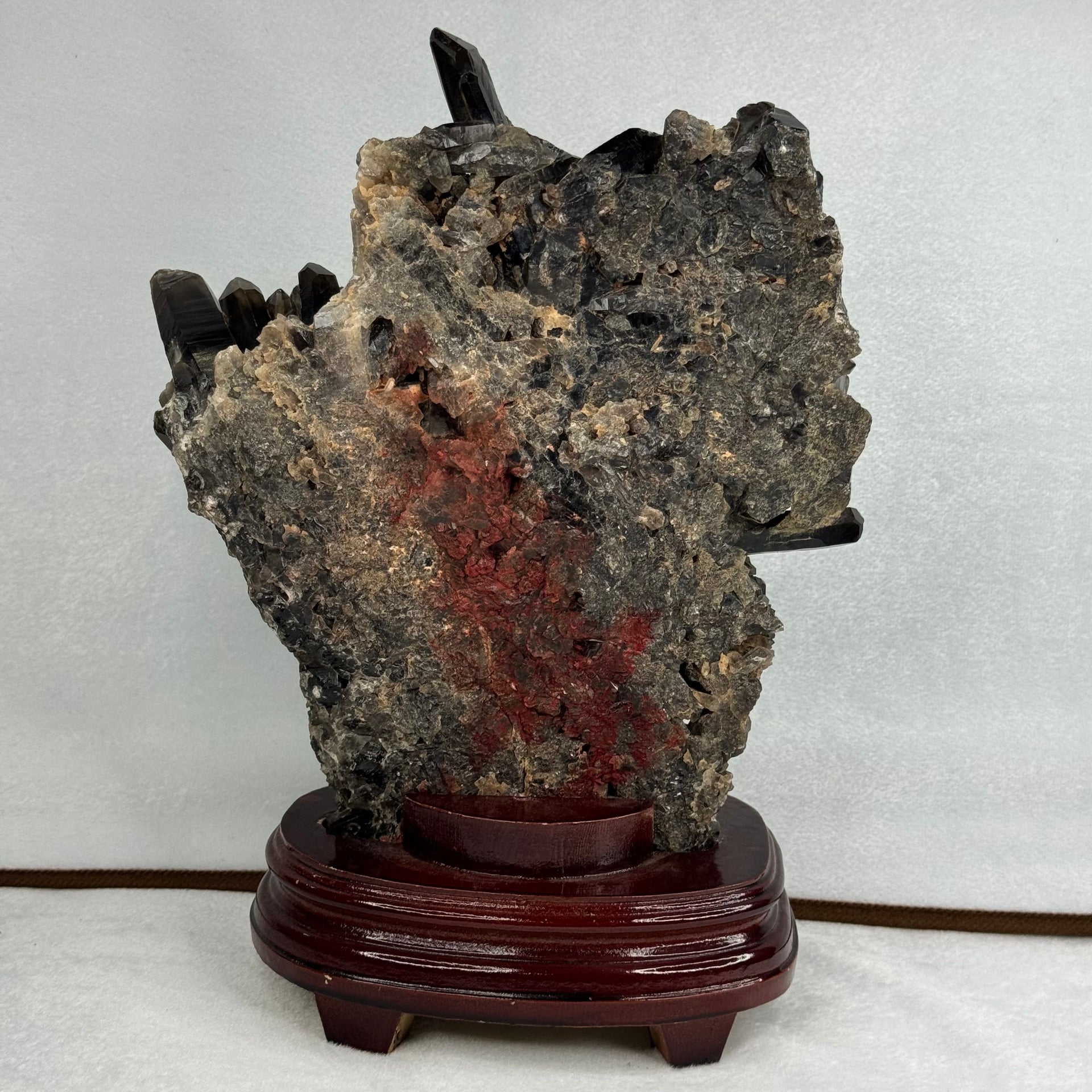 Natural Raw Smoky Quartz Rough Display in Wooden Stand 4,075.9g 180.0 by 127.0 by Height 310.0mm - Huangs Jadeite and Jewelry Pte Ltd