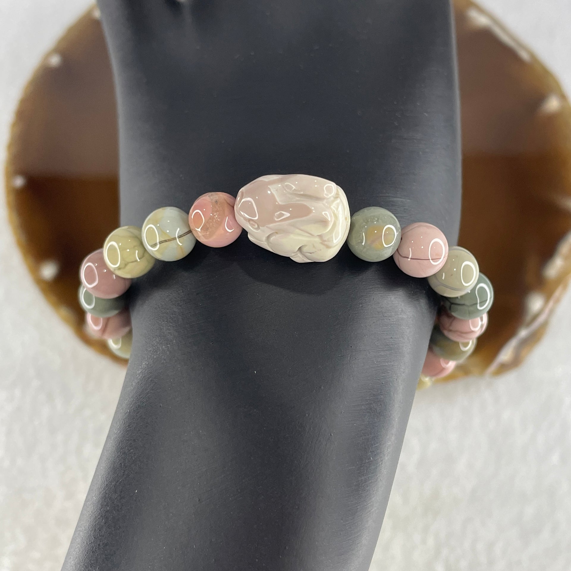 Natural Alashan Agate Pastels Pink Beads with Rabbit Charm Bracelet 17.28g 16cm 7.8mm 23Beads - Huangs Jadeite and Jewelry Pte Ltd