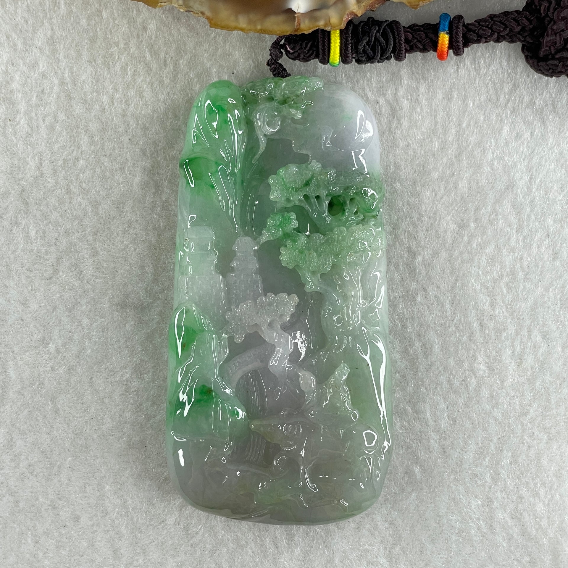 Type A Jelly Lavender and Spicy Green Piao Hua Jadeite Shan Shui and Benefactor 87.19g 79.4 by 40.7 by 11.7mm - Huangs Jadeite and Jewelry Pte Ltd