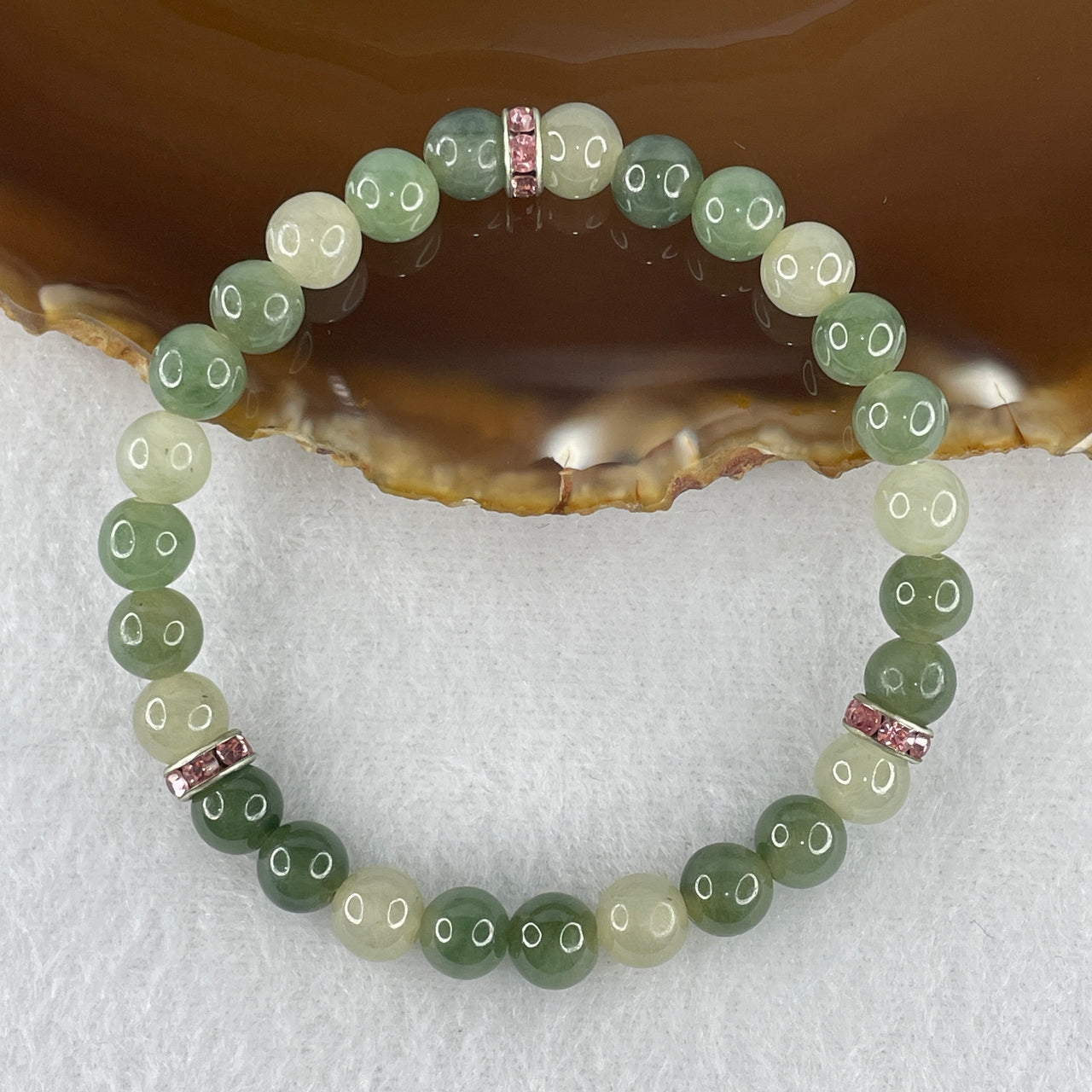 Natural Type A Semi-Icy Light Green Jadeite Bracelet | 16cm Tailored 7.2mm Round Genuine Multi-Tone Green Jade Bead Wrist Stacker (16.97g, 27 Beads)
