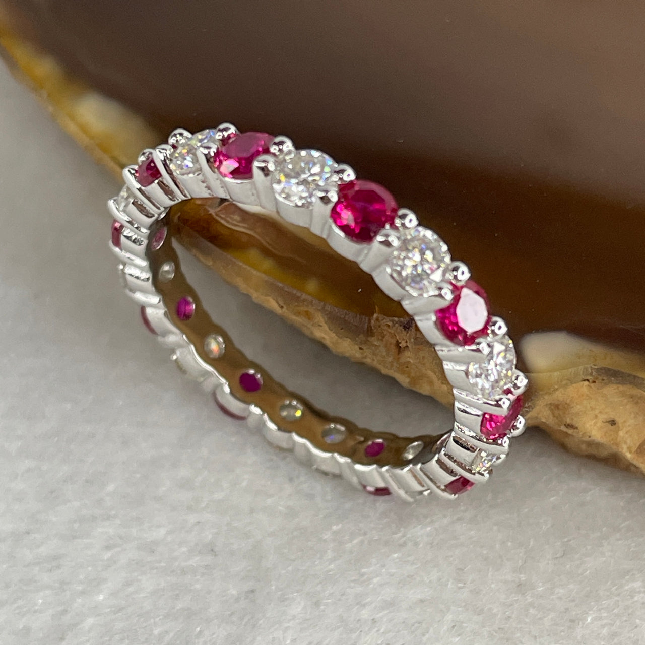 Natural Red & Colorless Moissanite Eternity Ring | Solid S925 Sterling Silver | US Size 7 (HK 15.5) | 3.0mm Imperial "Crimson Ice" Continuous Multi-Color Ribbon Luxury Band (2.47g)