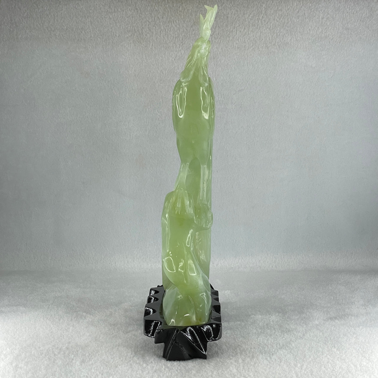 Natural Green Serpentine Rooster on Tree with Wooden Stand Display 820.9g 128.0 by 265.0 by 62.0mm - Huangs Jadeite and Jewelry Pte Ltd