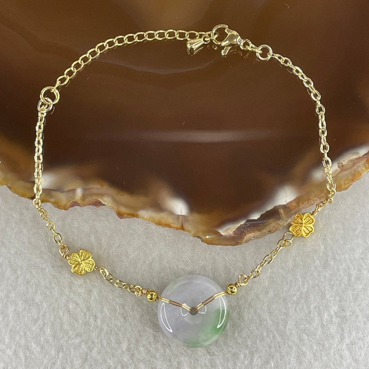 Natural Type A Lavender & Green Jadeite Ping An Kou Gold Accent Bracelet | Peace Disc Adjustable Bracelet (6.55g | 13–21cm | 17.2 x 5.5mm) - Huangs Jadeite and Jewelry Pte Ltd