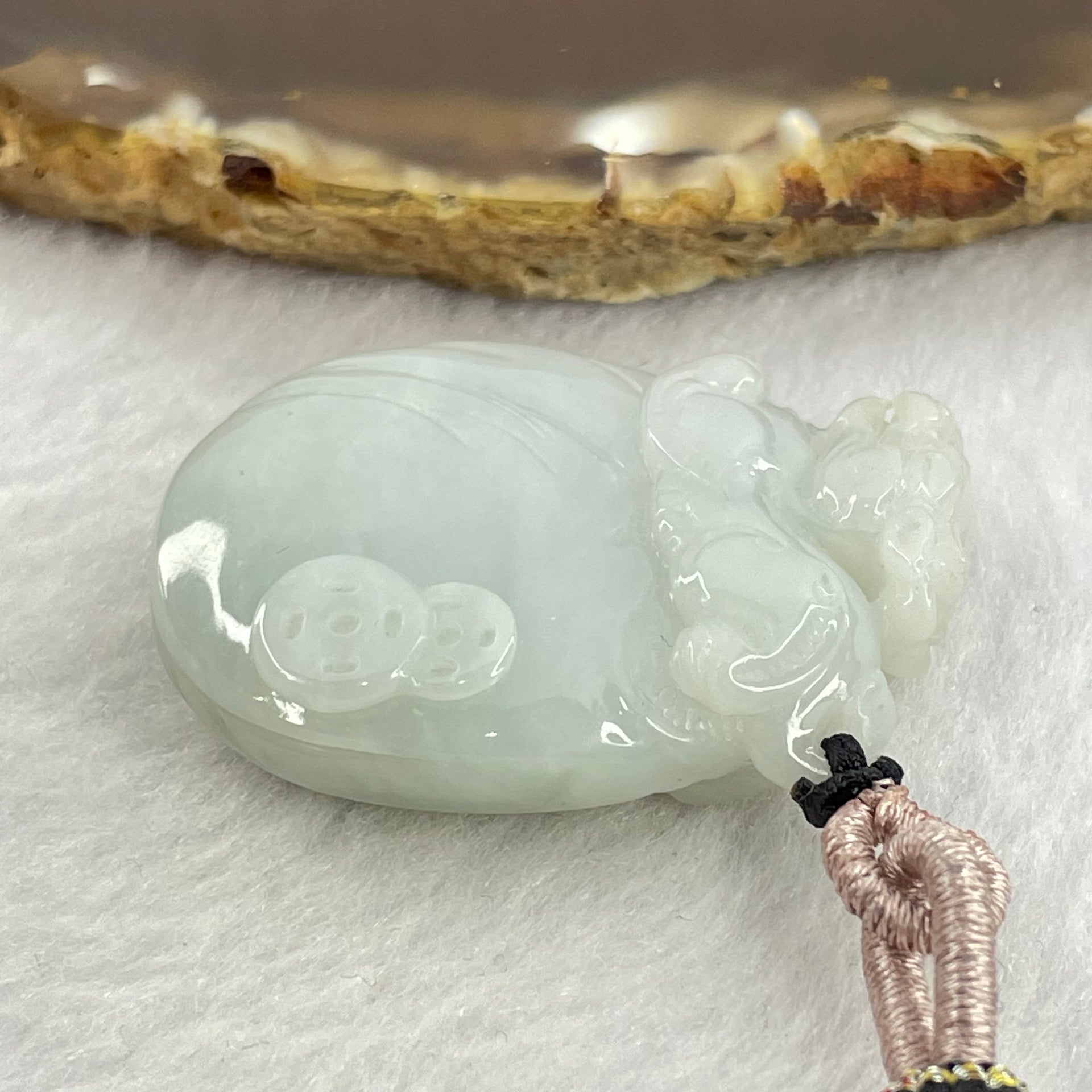 Type A Faint Lavender Green Jadeite Pixiu on Money Bag and Coins Pendent 22.16g 38.1 by 27.4 by 10.3mm - Huangs Jadeite and Jewelry Pte Ltd