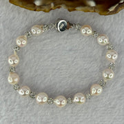 Natural Seawater Pearl Beads with Crystals in S925 Sliver Flower Bracelet 9.86g 15.5cm 7.4mm 13 Beads - Huangs Jadeite and Jewelry Pte Ltd