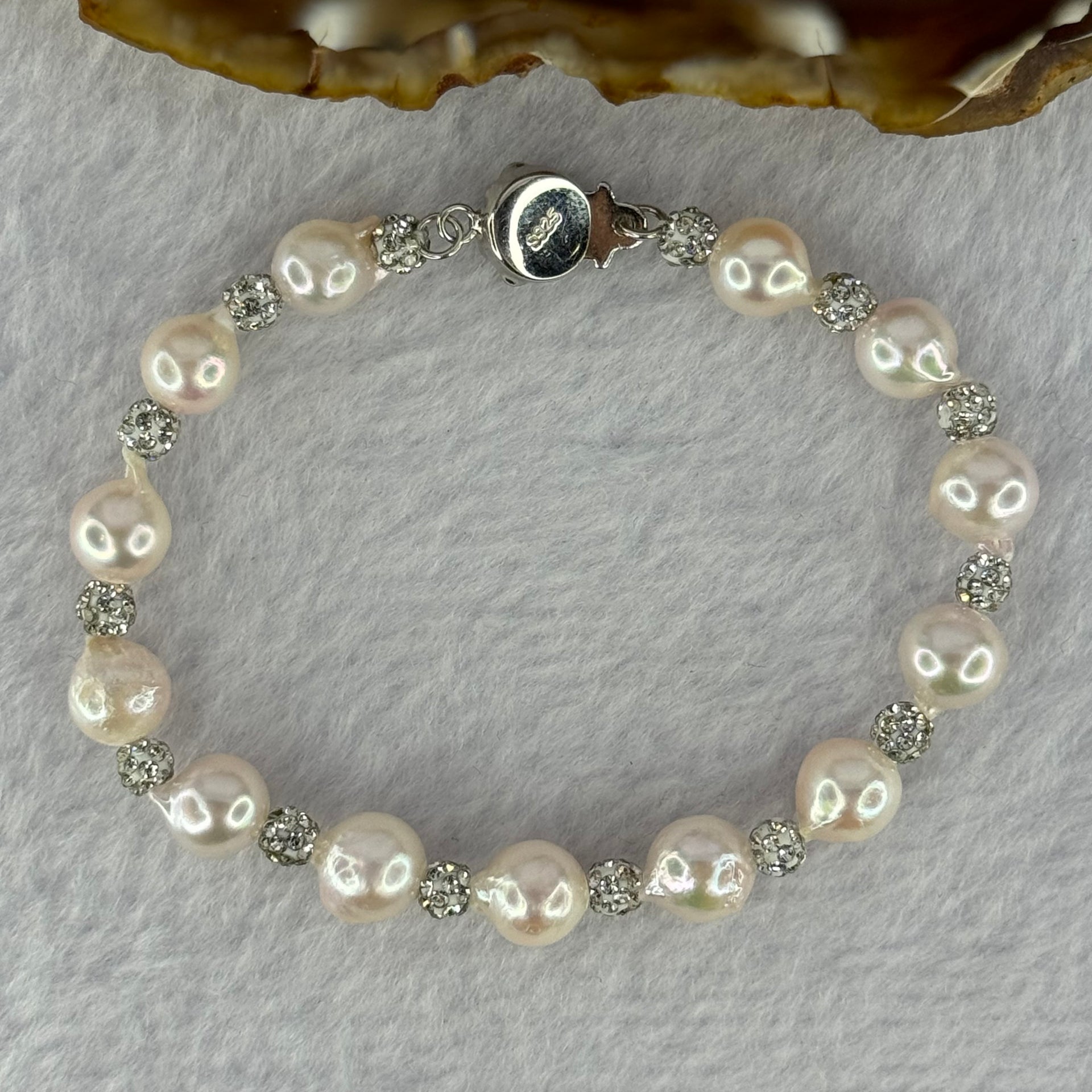 Natural Seawater Pearl Beads with Crystals in S925 Sliver Flower Bracelet 9.86g 15.5cm 7.4mm 13 Beads - Huangs Jadeite and Jewelry Pte Ltd