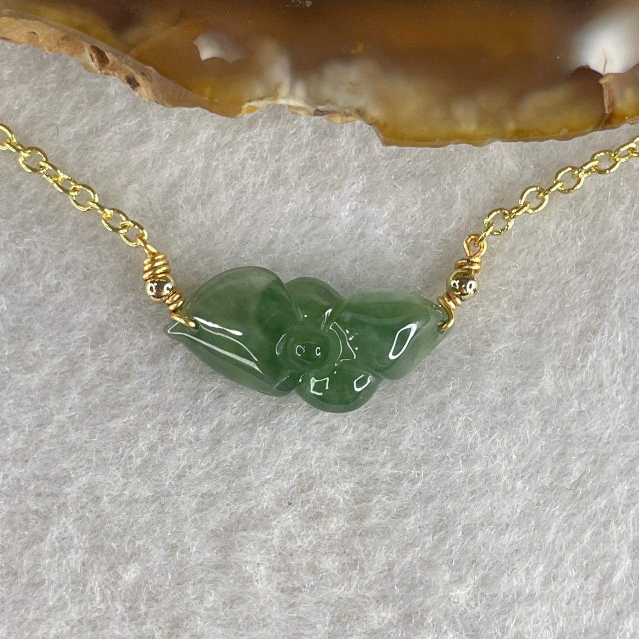 Natural Type A Semi Icy Green Jadeite Lotus Flower with Gold Color Necklace 4.37g 50-55cm 19.3 by 9.4 by 6.3mm - Huangs Jadeite and Jewelry Pte Ltd