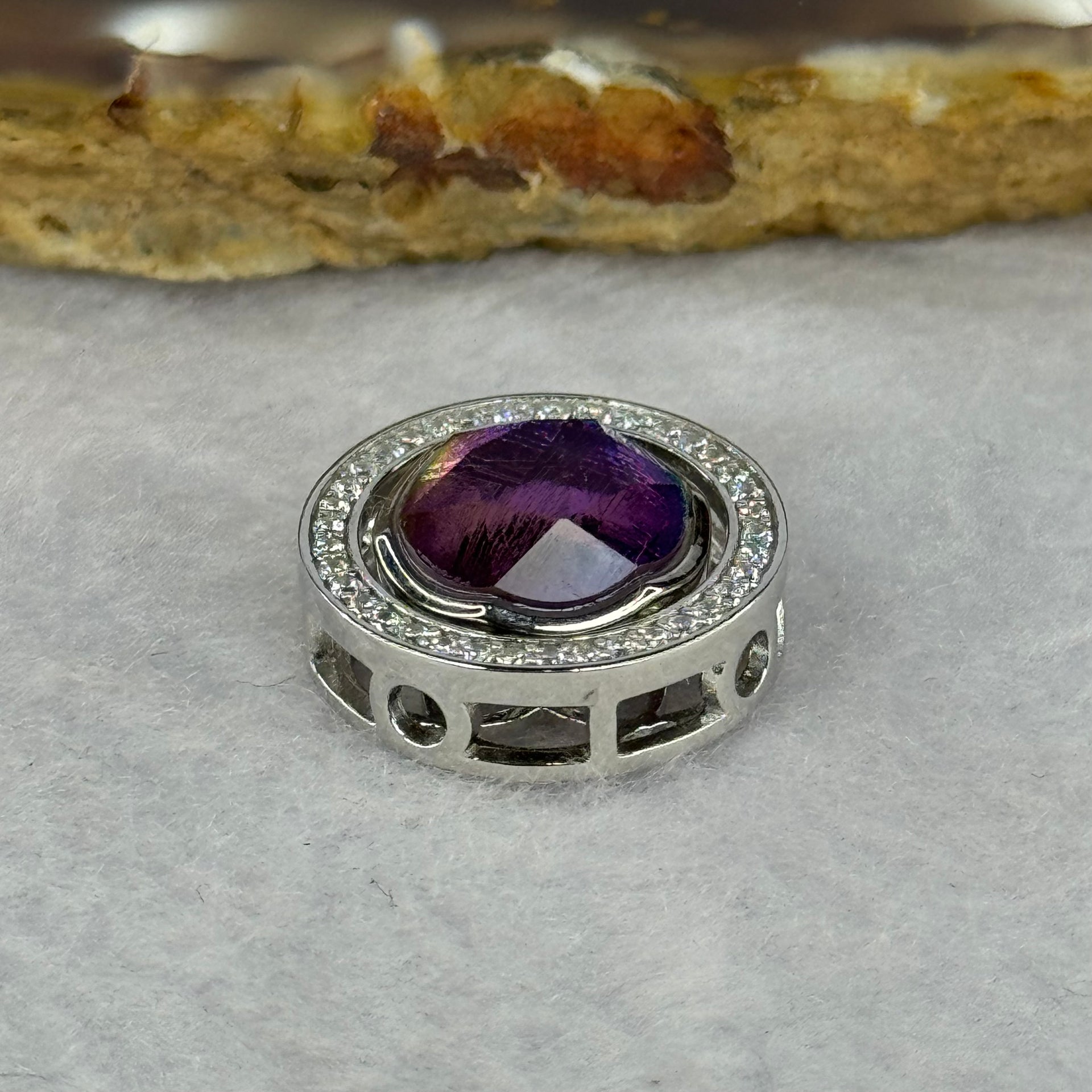 Natural Meteorite Spinning High Energy Feng Shui Charm in S925 Silver with Crystals For Necklace / Bracelet (Purple with Yellow Color) 4.10g 16.8 by 7.3mm - Huangs Jadeite and Jewelry Pte Ltd