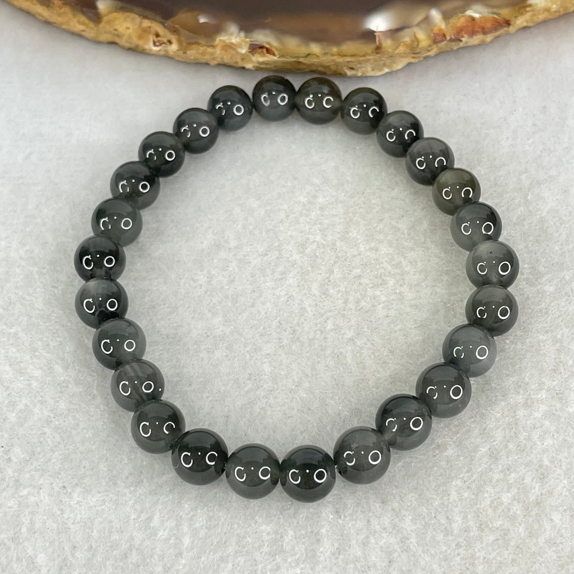 Good Grade Natural Grey Rabbit Hair Rutilated Quartz Beads Bracelet 12.79g 15.5cm 7.3mm 26 Beads - Huangs Jadeite and Jewelry Pte Ltd