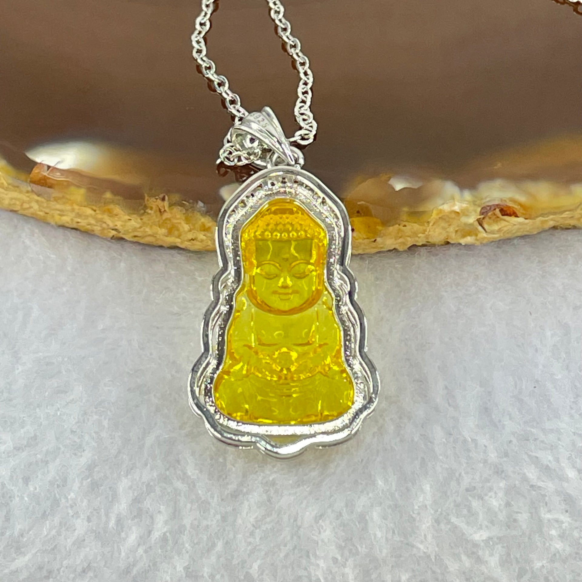 Natural Yellow Amber Buddha Pendent in S925 Sliver Necklace 4.43g 23.0 by 14.1 by 4.0mm - Huangs Jadeite and Jewelry Pte Ltd