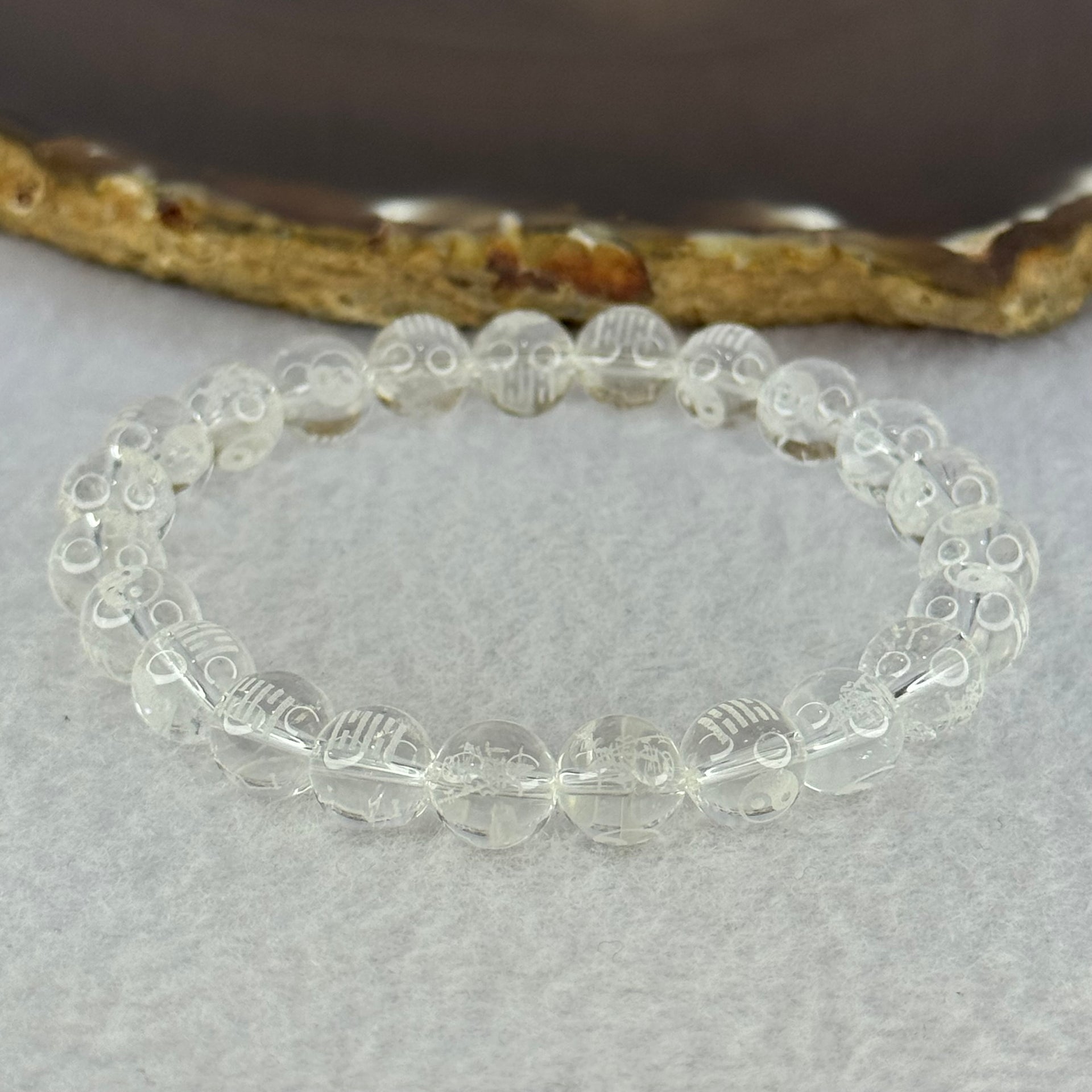Natural Clear Quartz Beads with Inscription Bracelet 17.91g 15cm 8.4mm 23 Beads - Huangs Jadeite and Jewelry Pte Ltd