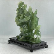 Natural Icy Dark Green Serpentine Double Reindeers with Twin Cranes on Shan Shui with Wooden Stand Display 1,804.8g 210.0 by 109.0 by 228.0mm - Huangs Jadeite and Jewelry Pte Ltd