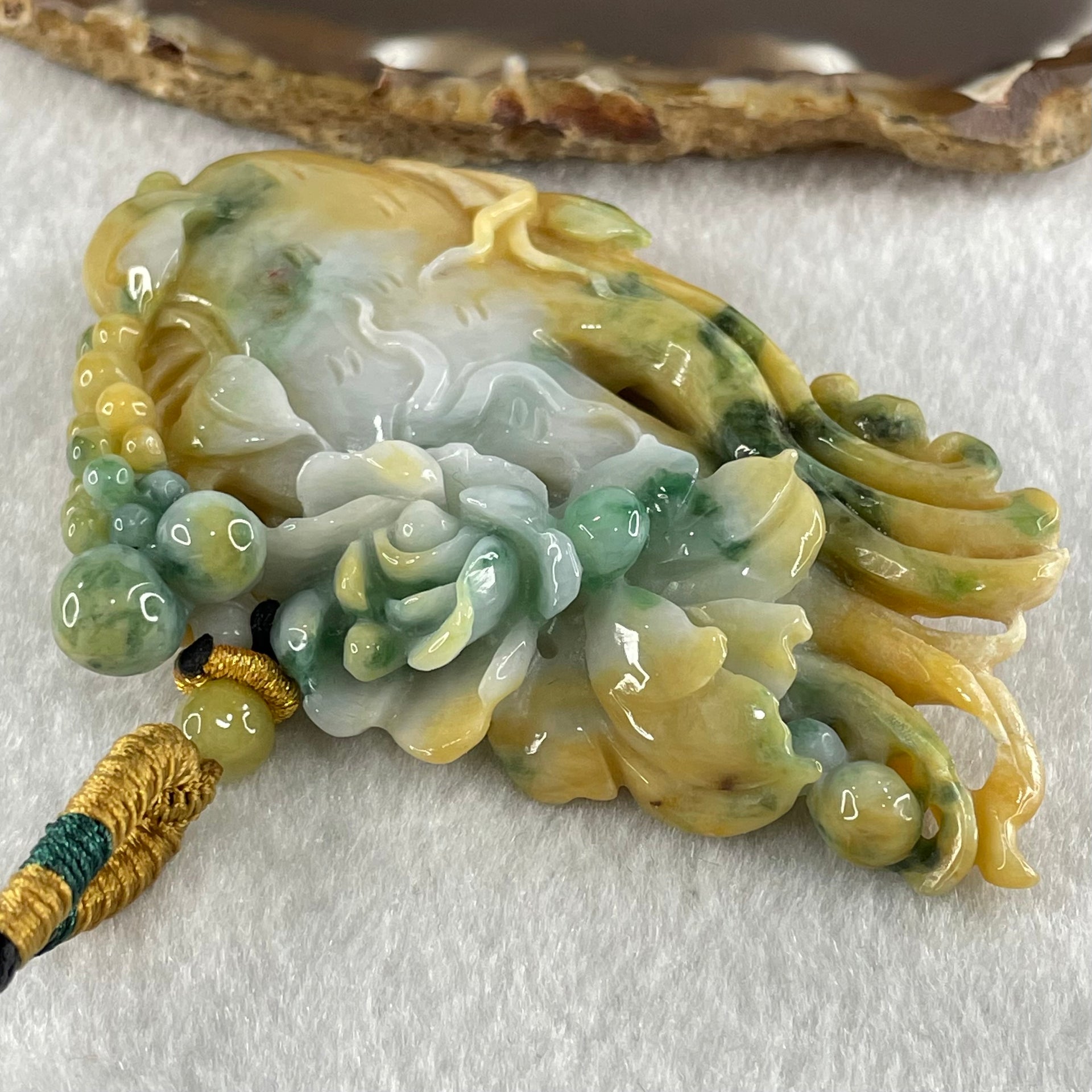 Grandmaster Type A Yellow and Lavender Patches with Old Mine Green Piao Hua Jadeite Flowers Pendant 人生如意 75.81g 84.1 by 55.7 by 14.8mm - Huangs Jadeite and Jewelry Pte Ltd