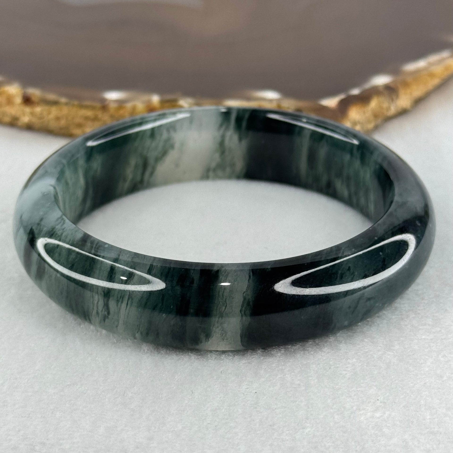 Transparent Colourless with Dark Greenish Black Piao Hua Sodium Feldspar Jade Bangle 水沫玉手镯 Internal Diameter 58.1mm 59.21g 15.6 by 9.0mm - Huangs Jadeite and Jewelry Pte Ltd