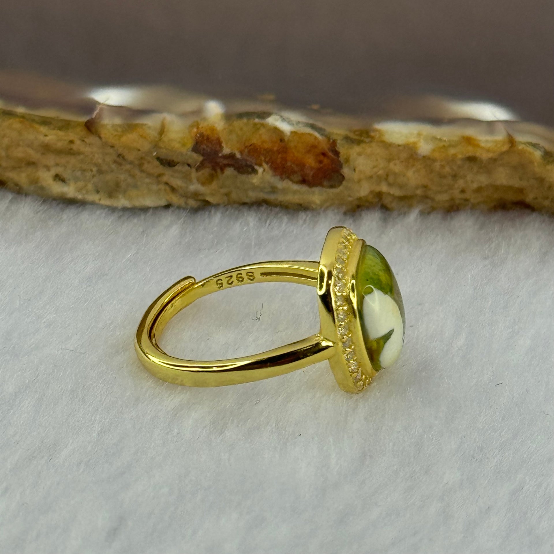 Natural Green Amber with Milk Inclusions in S925 Sliver Gold Color Ring (Adjustable Size) 2.26g 8.9 by by 2.5mm - Huangs Jadeite and Jewelry Pte Ltd