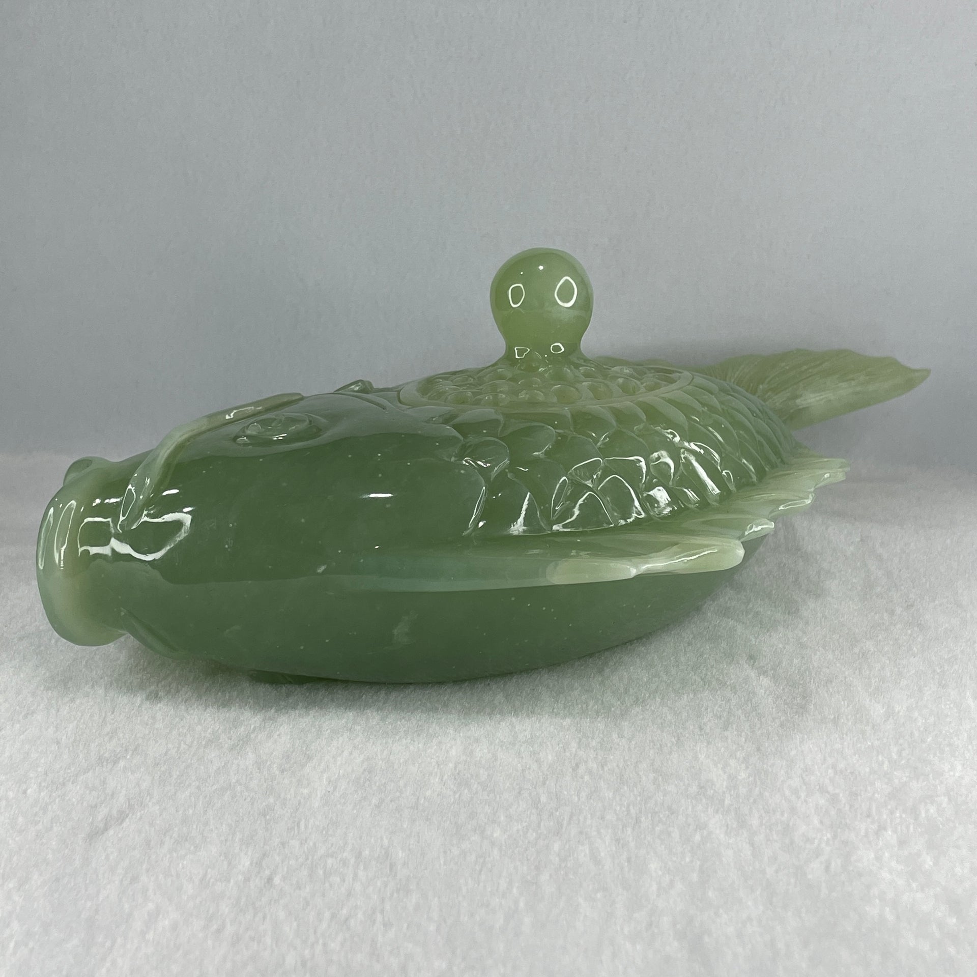 Natural Jelly Green Serpentine Carp Fish Pot Display 2,074.0g 310.0 by 183.0 by 98.0mm - Huangs Jadeite and Jewelry Pte Ltd