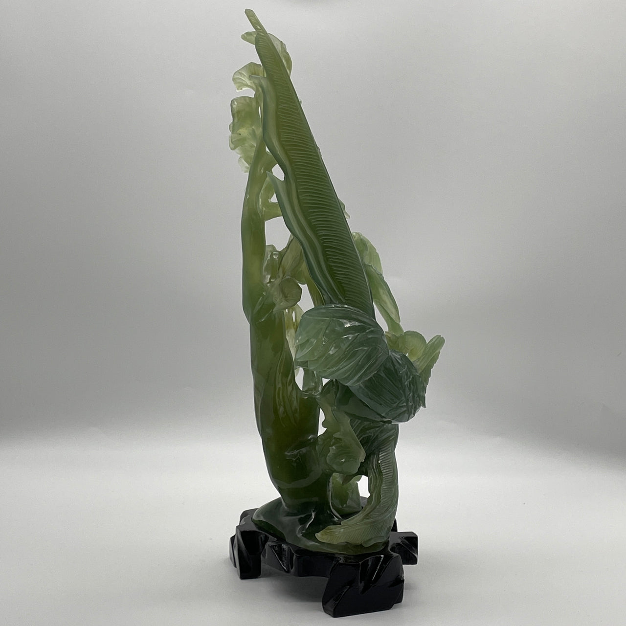 Natural Semi Icy Dark Green Serpentine Twin Phoenix with Twin Birds on Tree with Wooden Stand Display 1,655.5g 215.0 by 140.0 by 340.0mm