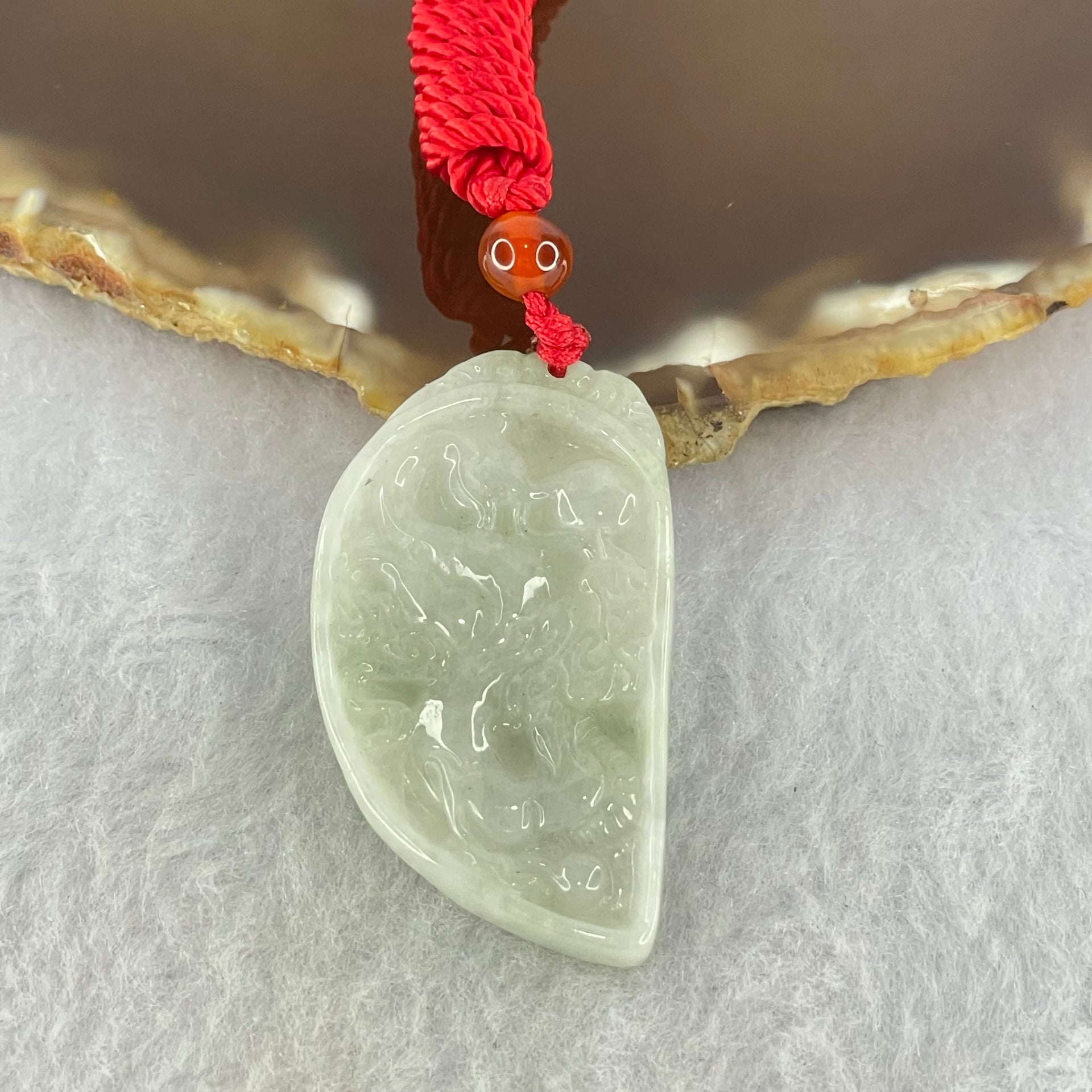 Type A Faint Green Lavender Dragon Half Heart Pendant 11.35g 40.0 by 23.9 by 4.7mm - Huangs Jadeite and Jewelry Pte Ltd