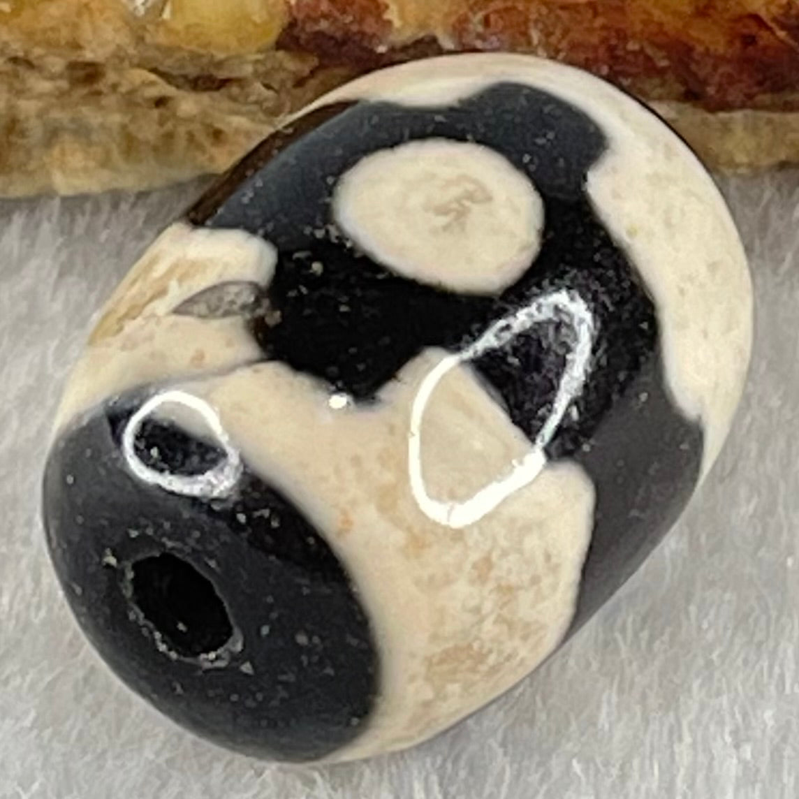 Natural Powerful Tibetan Old Oily Dark Brown With White Agate 3 Eyes Dzi Bead Heavenly Master (Tian Zhu) 三眼天诛 4.90g 17.8 by 13.5mm - Huangs Jadeite and Jewelry Pte Ltd