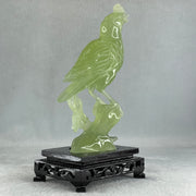 Natural Green Serpentine Javan Mynah Birds on Tree with Wooden Stand Display 375.6g 112.0 by 188.0 by 66.0mm - Huangs Jadeite and Jewelry Pte Ltd