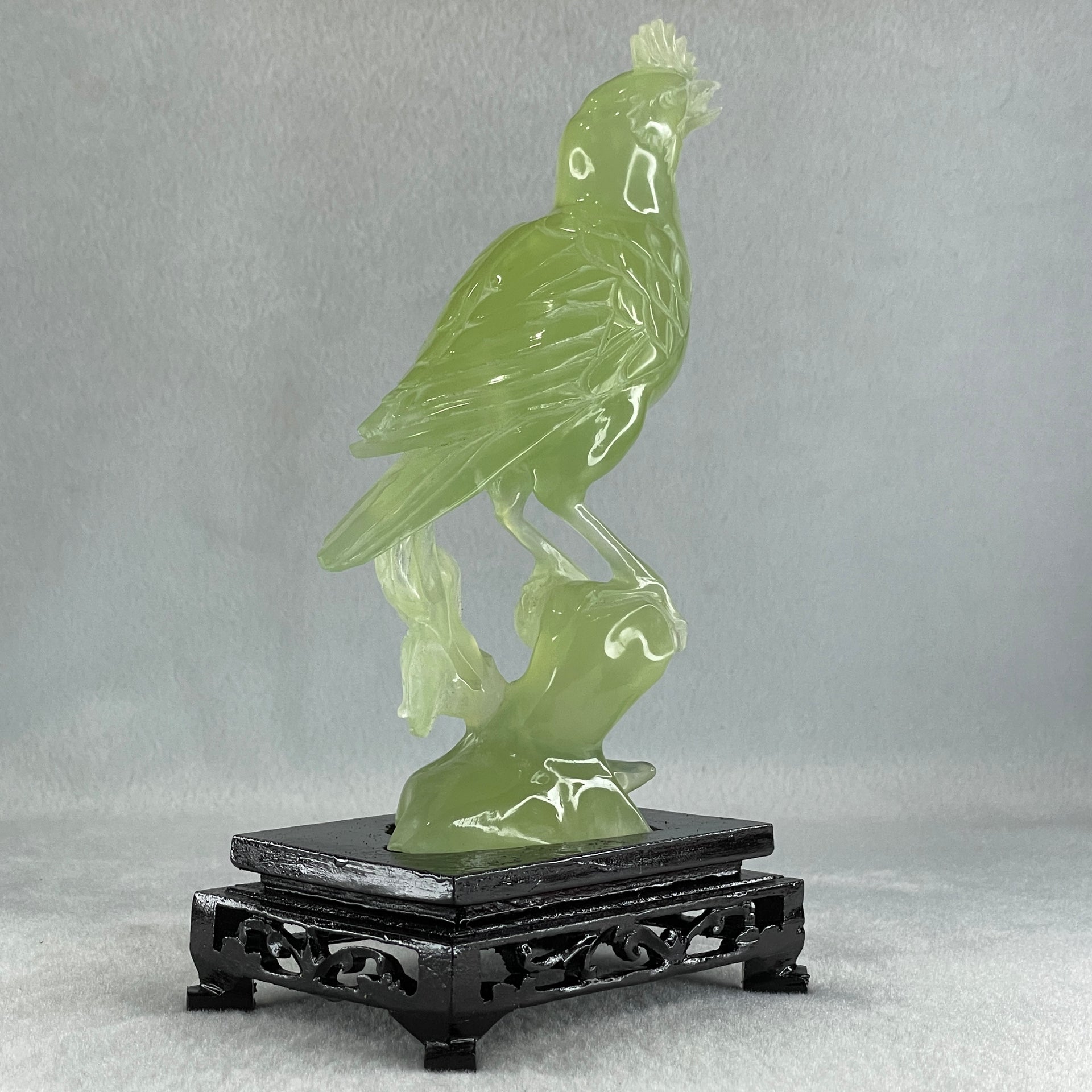 Natural Green Serpentine Javan Mynah Birds on Tree with Wooden Stand Display 375.6g 112.0 by 188.0 by 66.0mm - Huangs Jadeite and Jewelry Pte Ltd