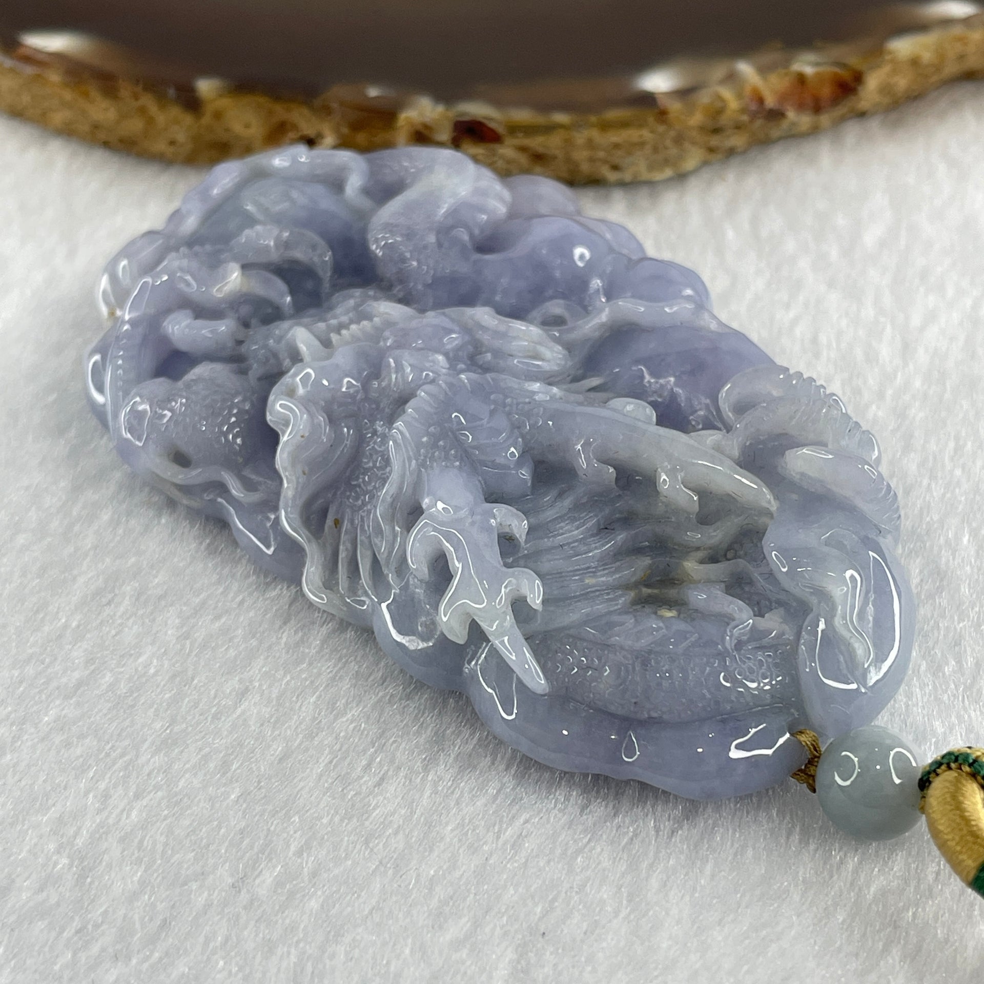 Type A Intense Lavender Jadeite Dragon Double Side Pendant 102.09g 83.3 by 50.7 by 14.2mm - Huangs Jadeite and Jewelry Pte Ltd