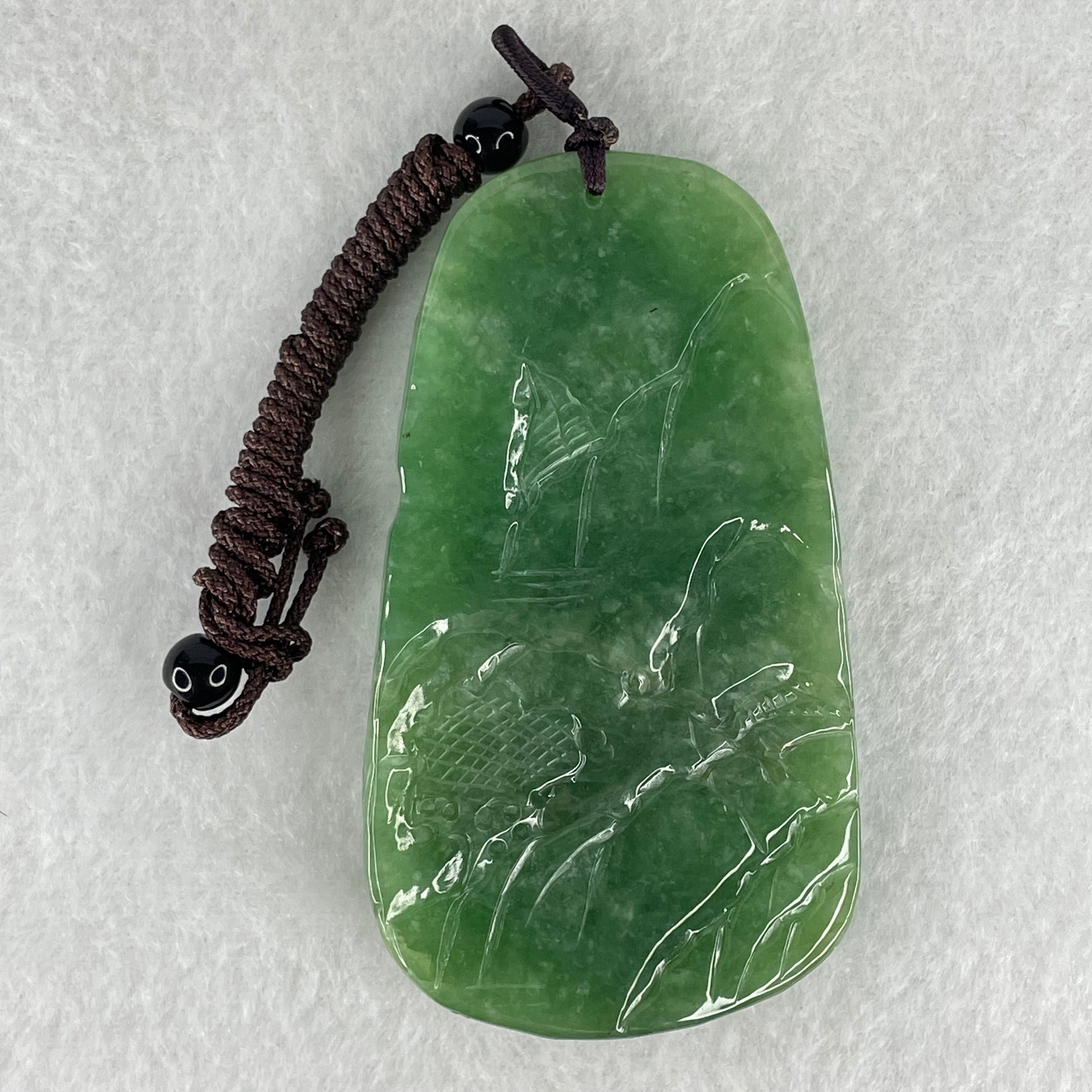 Type A Green Jadeite Double Sided Shan Shui with Double Gui Ren Benefactor Pendant 64.09g 75.6 by 42.6 by 11.2mm - Huangs Jadeite and Jewelry Pte Ltd