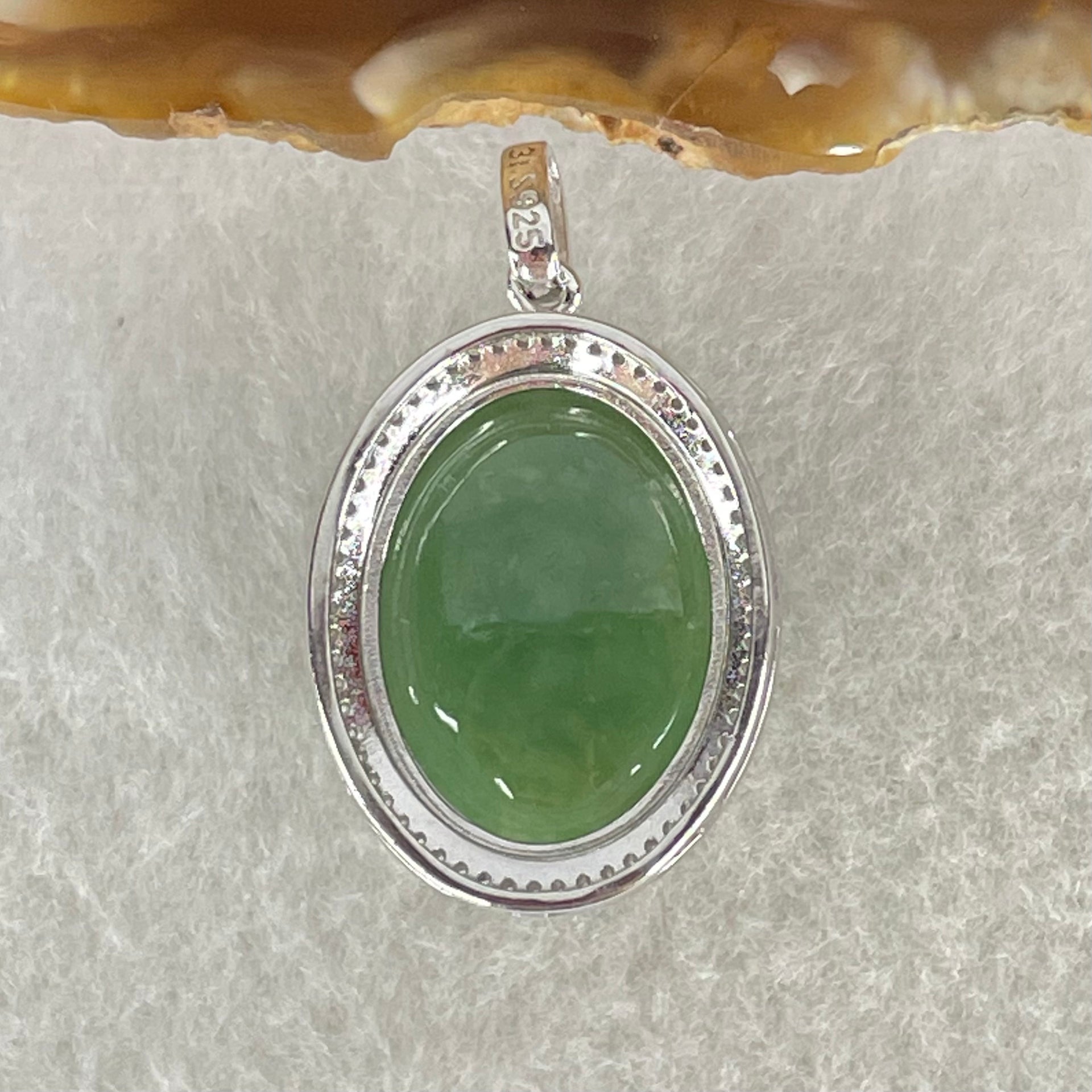 Type A Old Mine Spicy Green Cabochon Jadeite in S925 Sliver with Crystal Charm 6.60g 19.2 by 15.1 by 6.5mm - Huangs Jadeite and Jewelry Pte Ltd