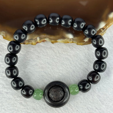 Natural Black Ebony Wood Beads with Movable Pixiu Pair and Coin Bead Bracelet 天然黑檀木珠手链 15.27g 16.5cm 10.0mm 17 Beads - Huangs Jadeite and Jewelry Pte Ltd