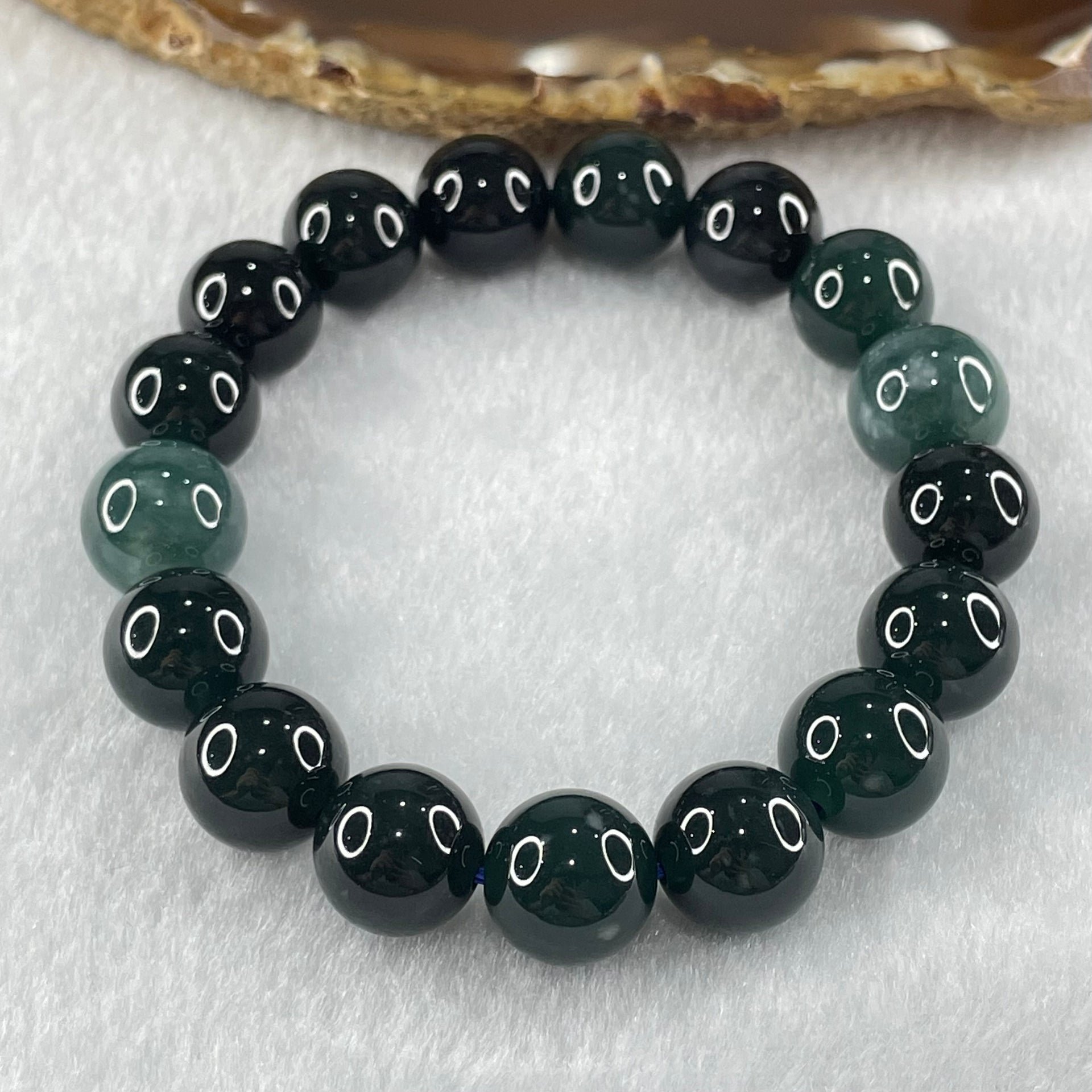 Type A Old Mine Dark Blueish Green Jadeite Beads Bracelet 50.00g 17cm 12.8mm 2 Beads 11.9mm 15 Beads - Huangs Jadeite and Jewelry Pte Ltd