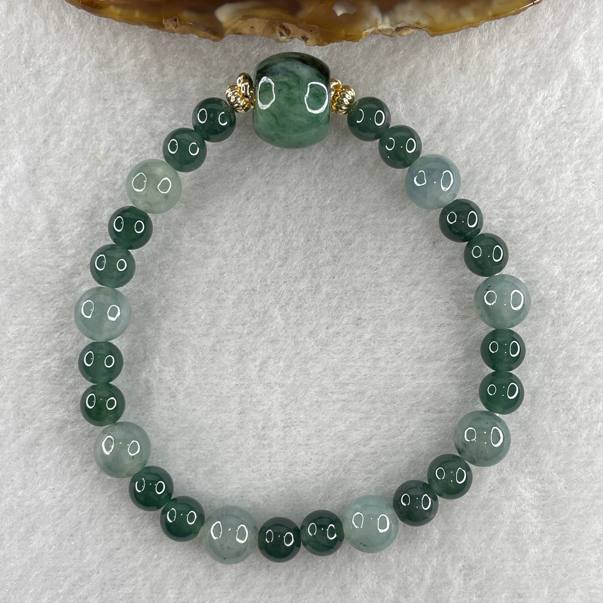 Natural Type A Semi Icy Blueish Green with Light Lavender Jadeite Beads Bracelet 19.10g 16cm 13.5 by 17.3mm 1Bead - 8Beads 7.9mm - 18Beads 6.3mm - Huangs Jadeite and Jewelry Pte Ltd