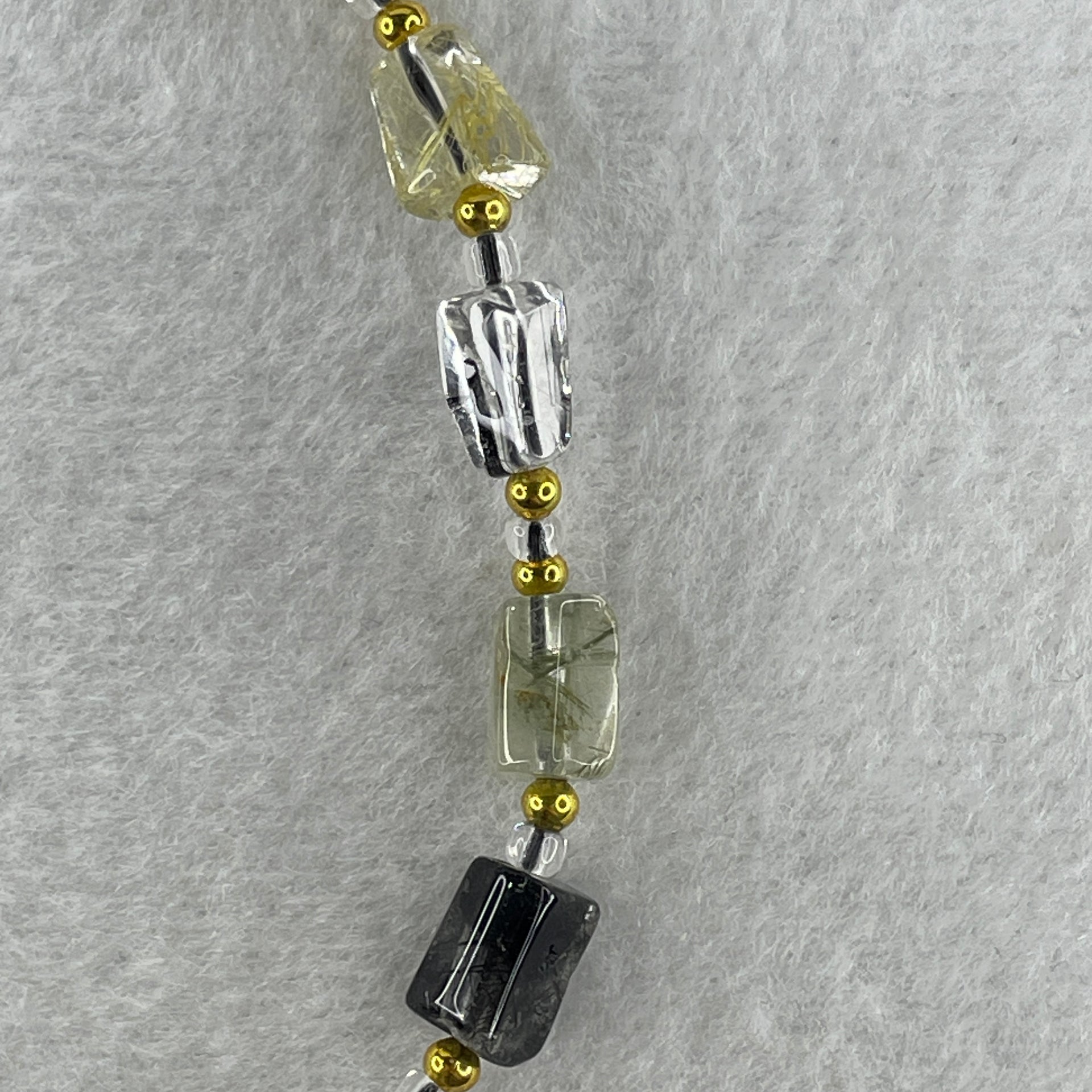 Natural Black with Gold and Green Rutilated Quartz Pebble Shape Beads Bracelet 11.91g 21cm 6.2mm 16Pcs - Huangs Jadeite and Jewelry Pte Ltd