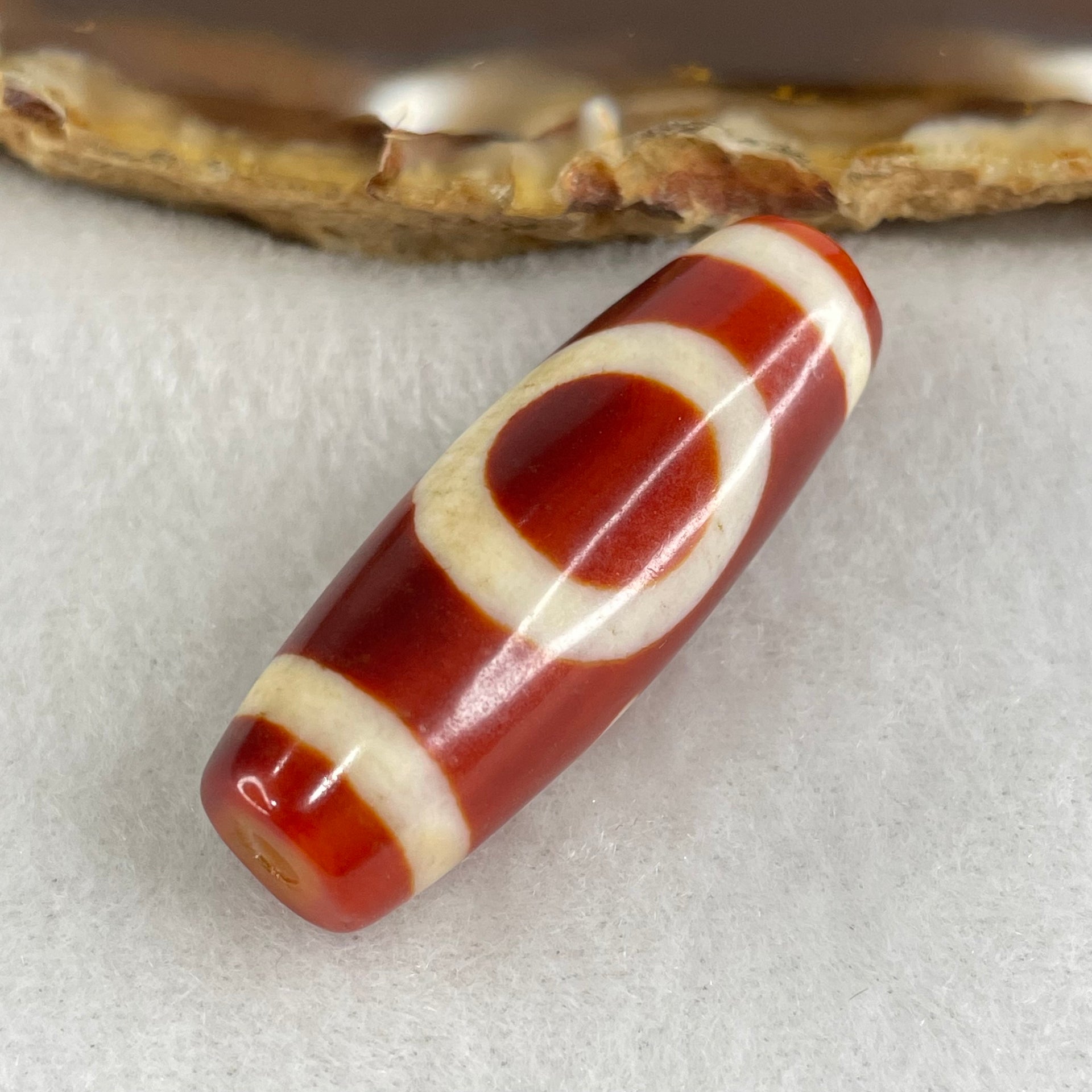 Natural Powerful Tibetan Old Oily Red White Agate One Eye Gold Metal Element Dzi Bead Heavenly Master (Tian Zhu) 一眼金天珠 10.47g 38.2 by 13.4mm - Huangs Jadeite and Jewelry Pte Ltd