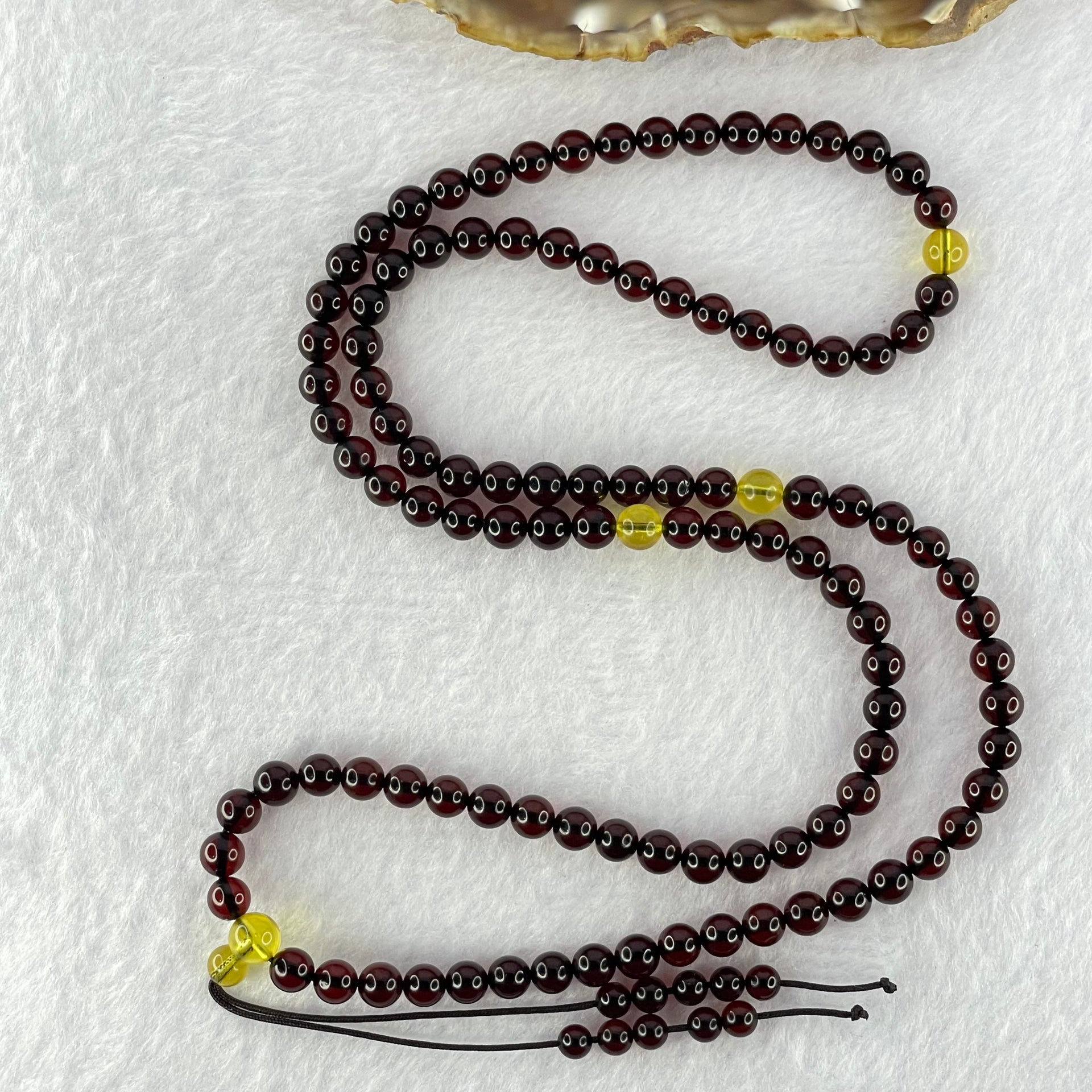 Natural Blood Red with Yellow Amber Beads Necklace 天然血珀项链 12.33g 62cm 5.8mm 108 Beads 6.0mm 3 Yellow Beads - Huangs Jadeite and Jewelry Pte Ltd