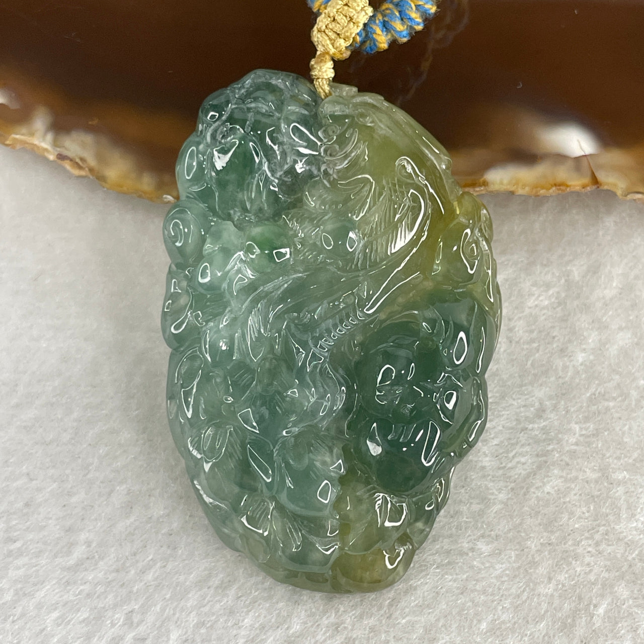 Certified Natural Type A Icy Blueish Green & Yellow Jadeite Phoenix with Lotus Flowers Pendant | Supreme Success, Rebirth & Spiritual Ascension Amulet (23.96g | 51.0x33.5x9.1mm)
