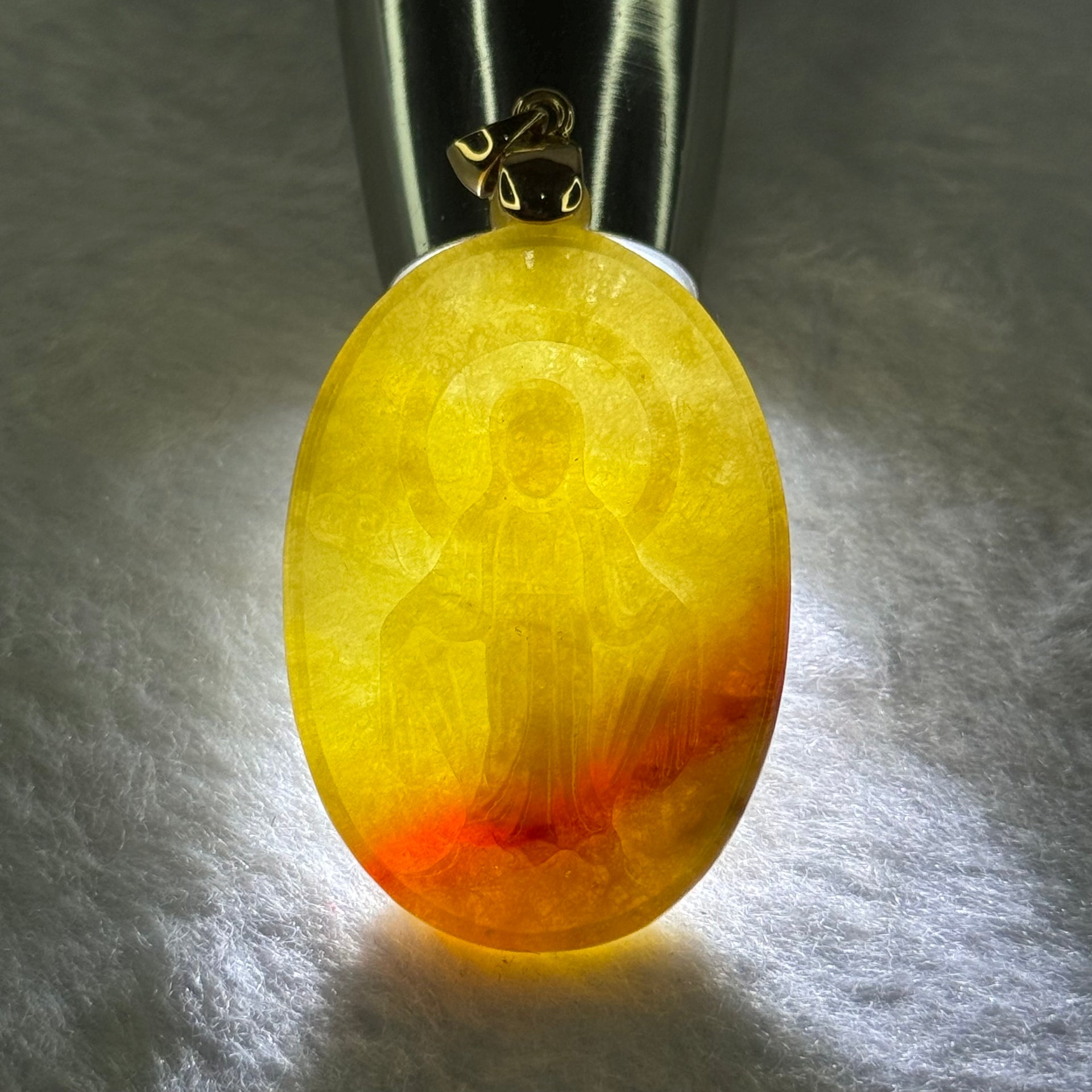 (Pre Love) Lotus on Water by Master Yun Long Zi Type A Yellow Red Jadeite Mother Mary in 18K 750 Yellow Gold Clasp 18.38g 34.1 by 30.1 by 6.8mm with Complete Box 2,124.3g - Huangs Jadeite and Jewelry Pte Ltd